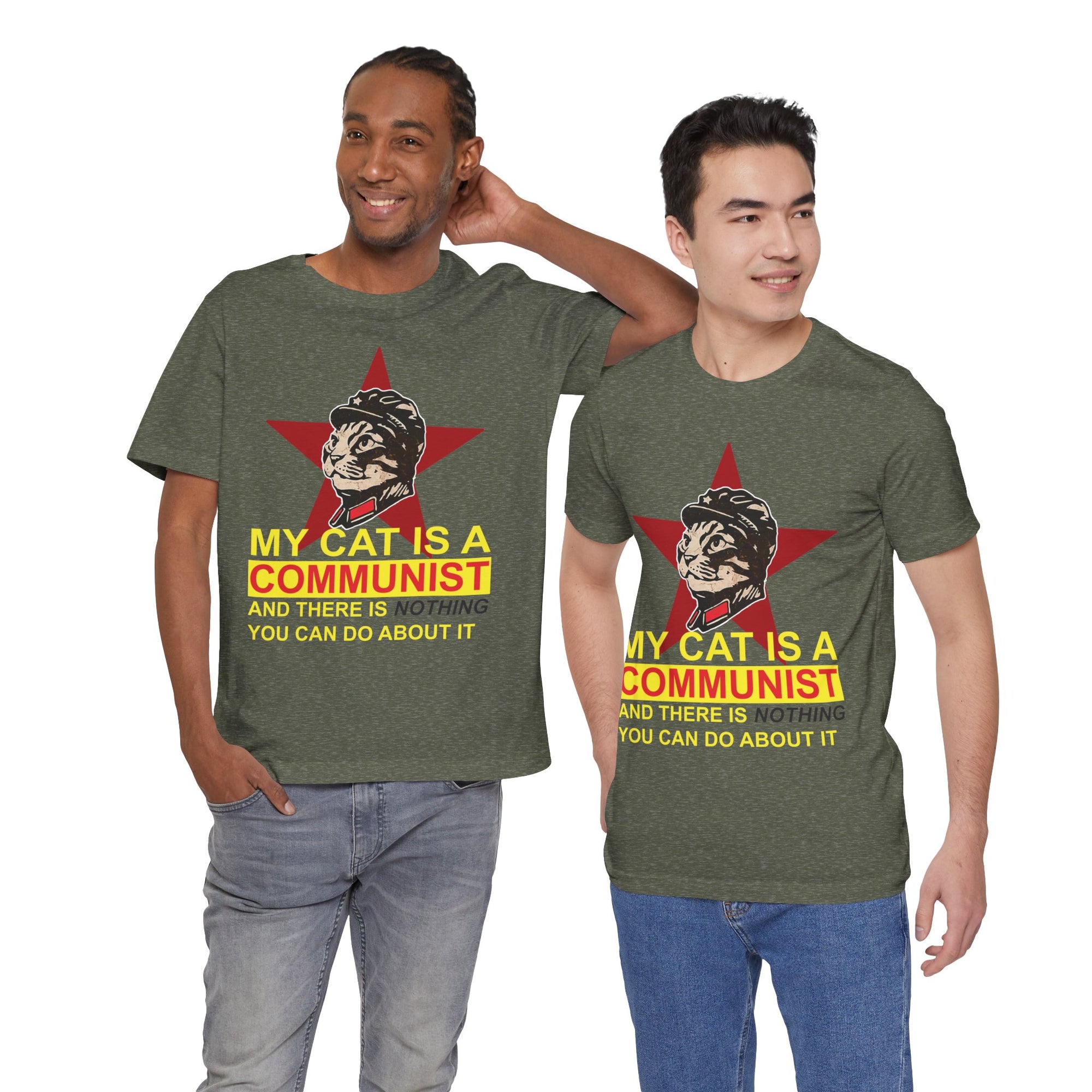 Two men wearing t-shirts with a cat graphic and text on a white background
