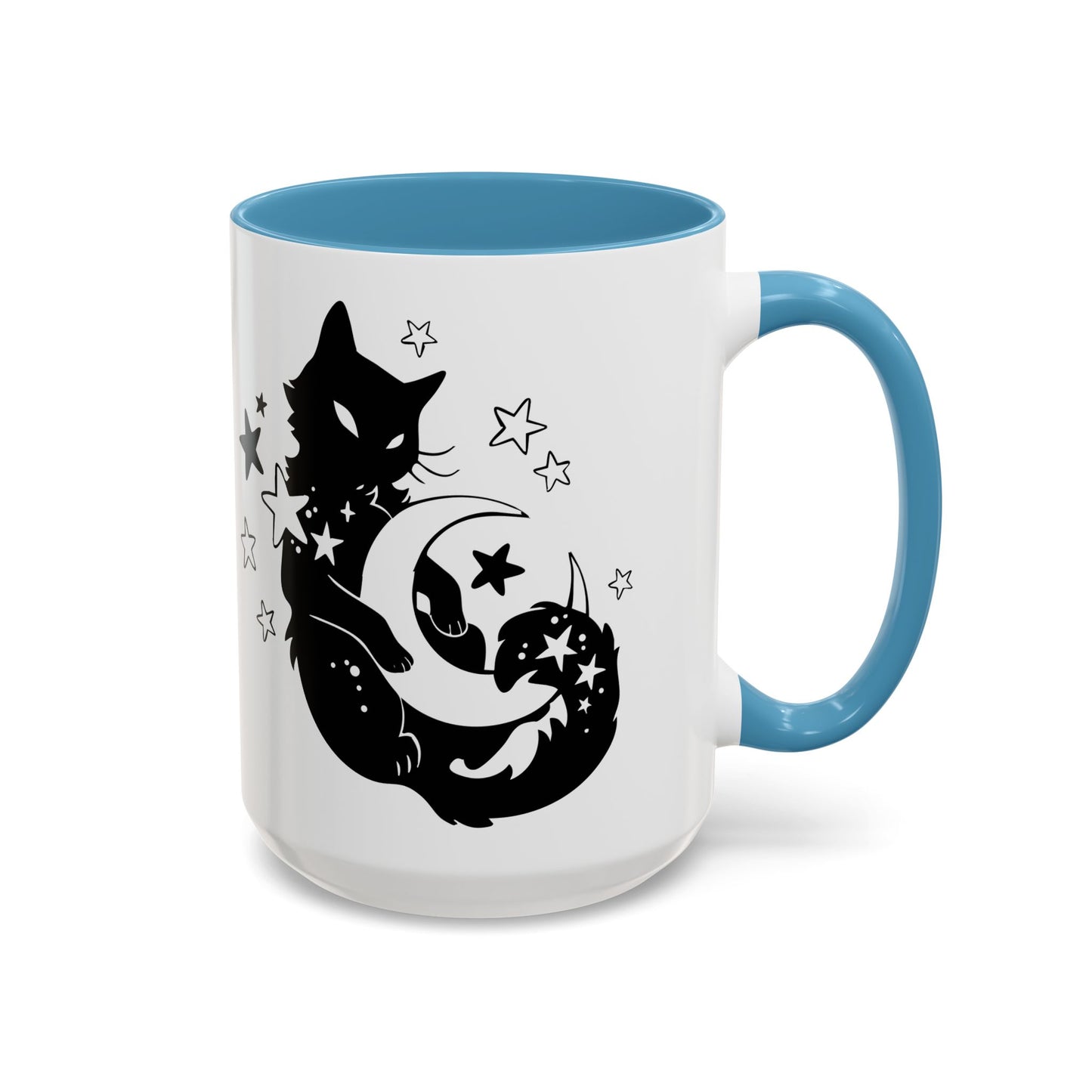 White mug with blue interior and handle featuring a black cat, moon, and star design.