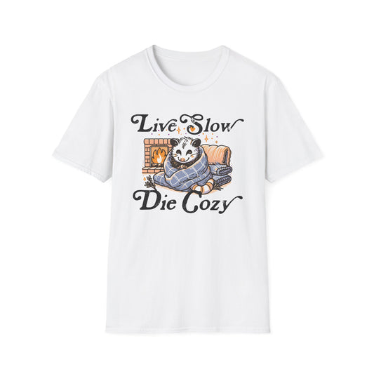 Live Slow Die Cozy Cottagecore Possum Tee for Introverts and Blanket Enthusiasts