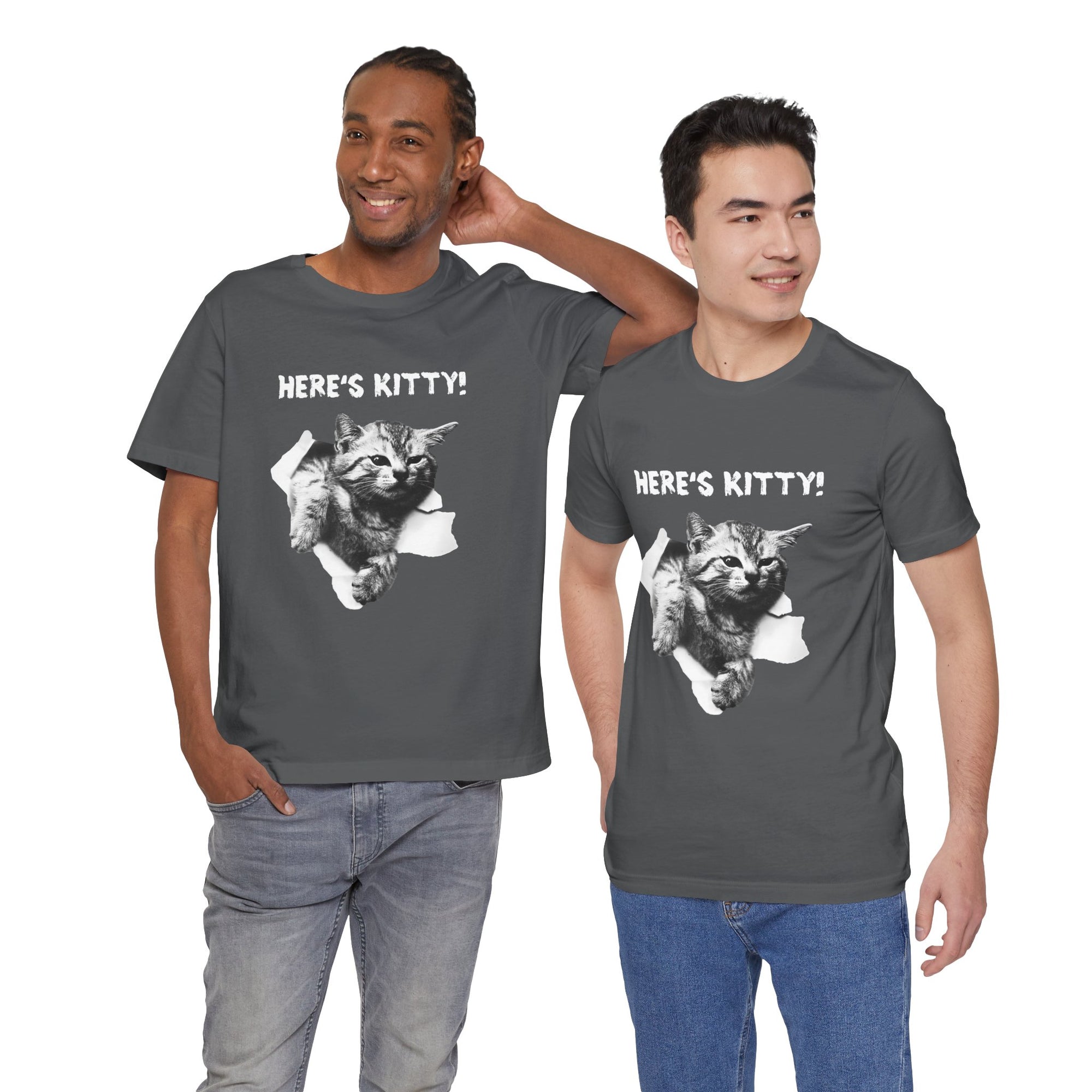Two men wearing matching dark green  t-shirts with a cat graphic and 'Here's Kitty!' text.