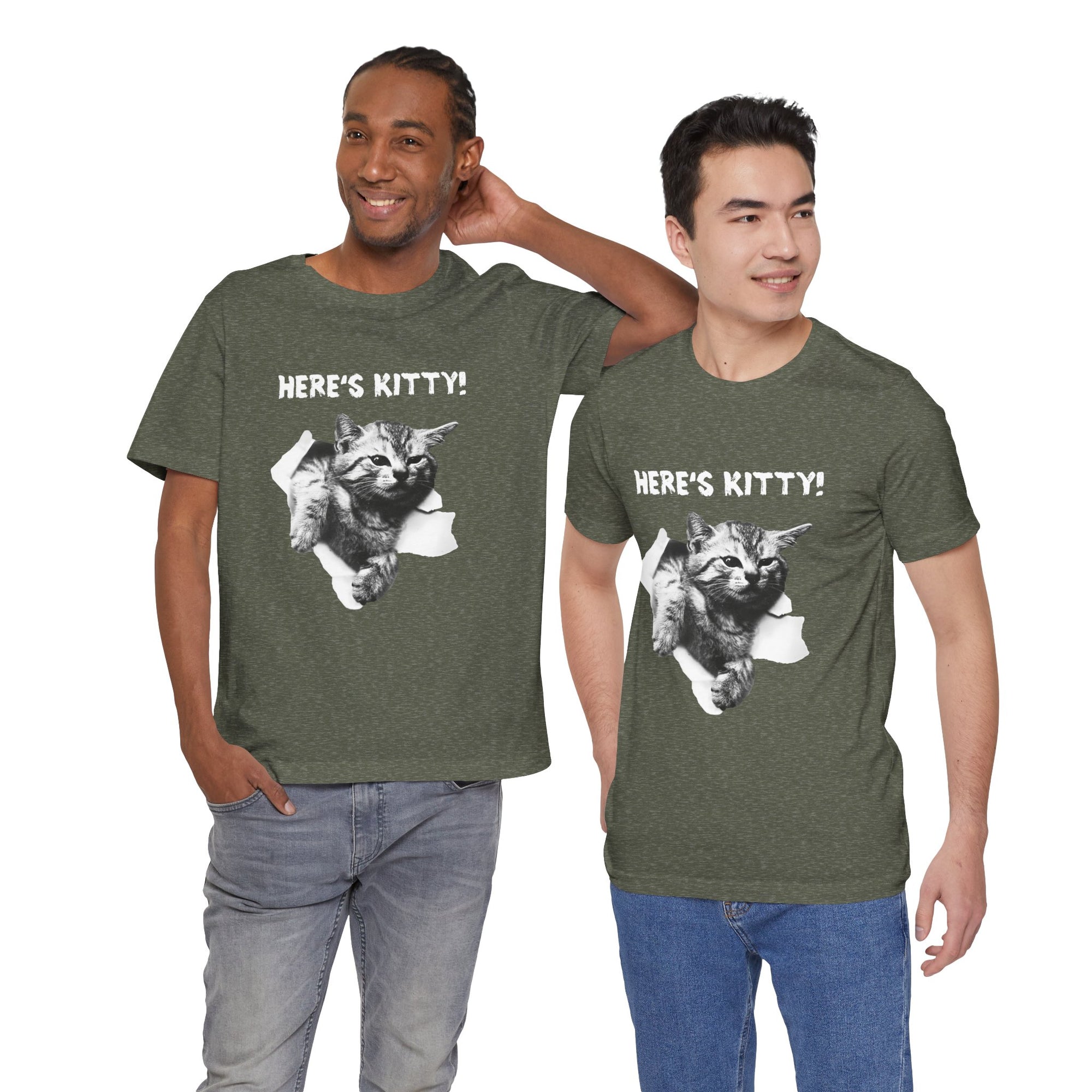 Two men wearing matching dark green t-shirts with a cat graphic and 'Here's Kitty!' text.