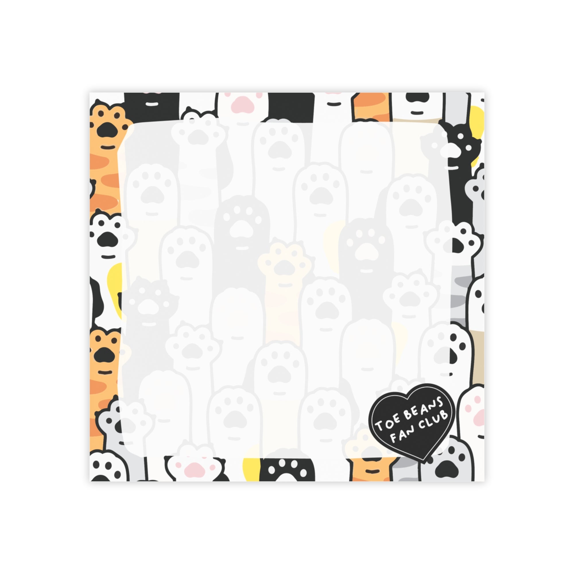 Cute cat-themed sticky note pad with a repeating toe bean and cat paw border, a small “Toe Beans Fan Club” badge, and a lighter center area for writing notes.

