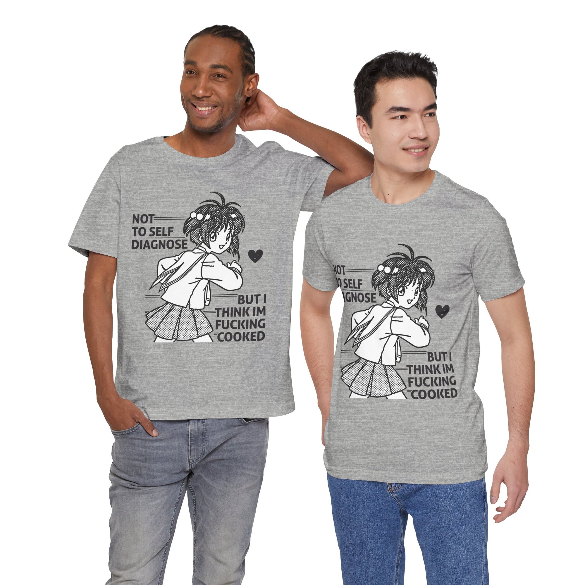 Two men wearing gray t-shirts with a graphic design and text.