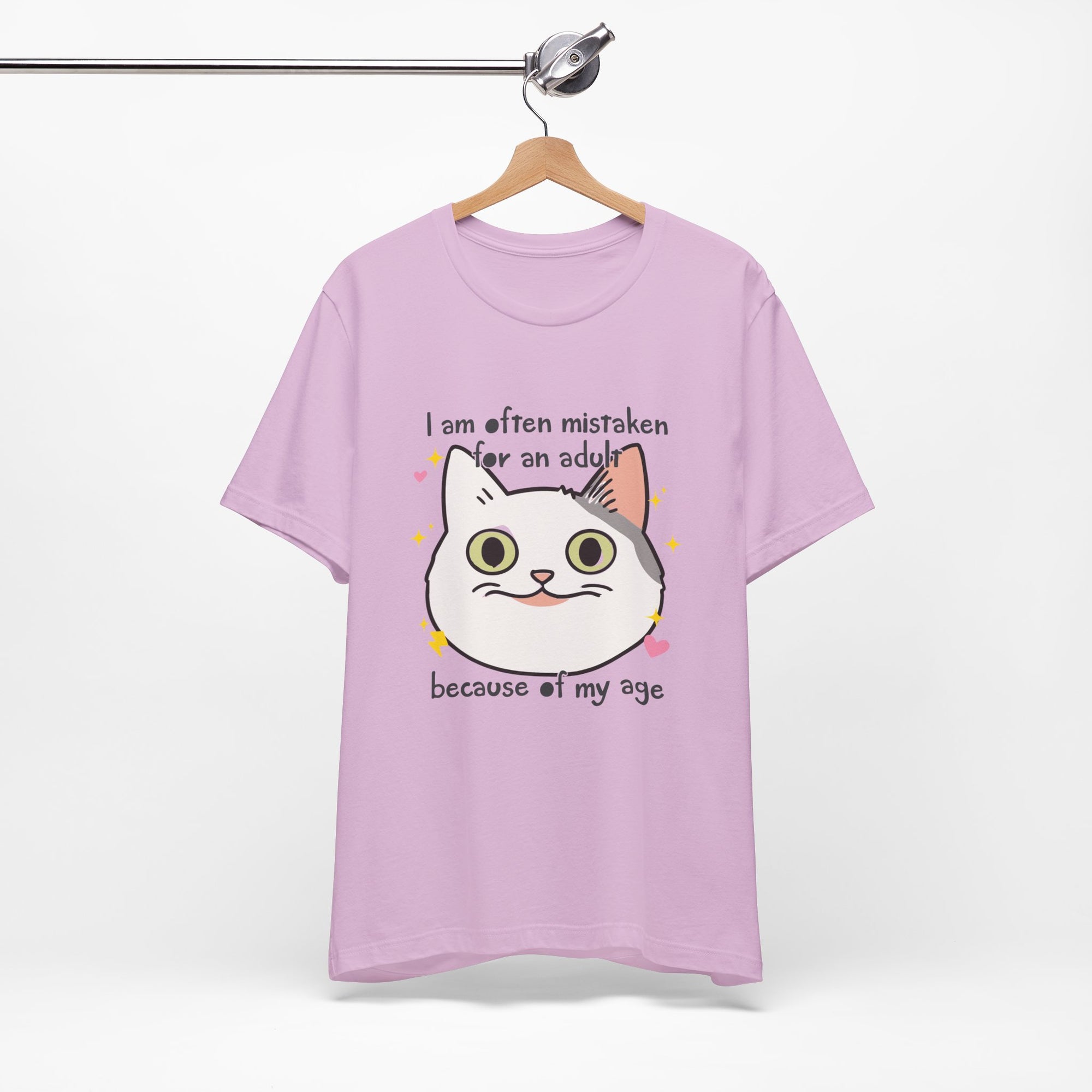 Purple t-shirt with a cat graphic and text on a white background