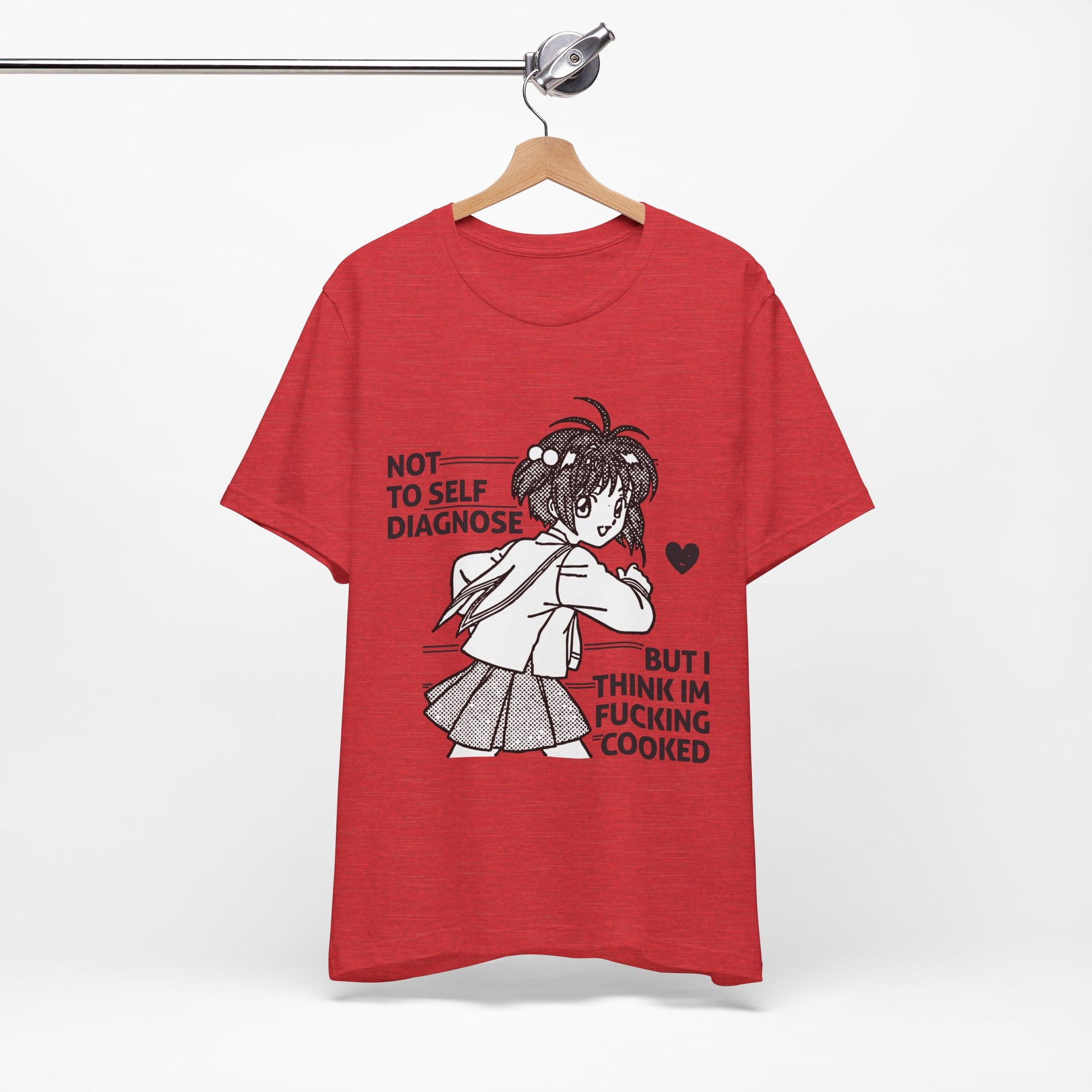 Red t-shirt with graphic design and text on a hanger against a white background