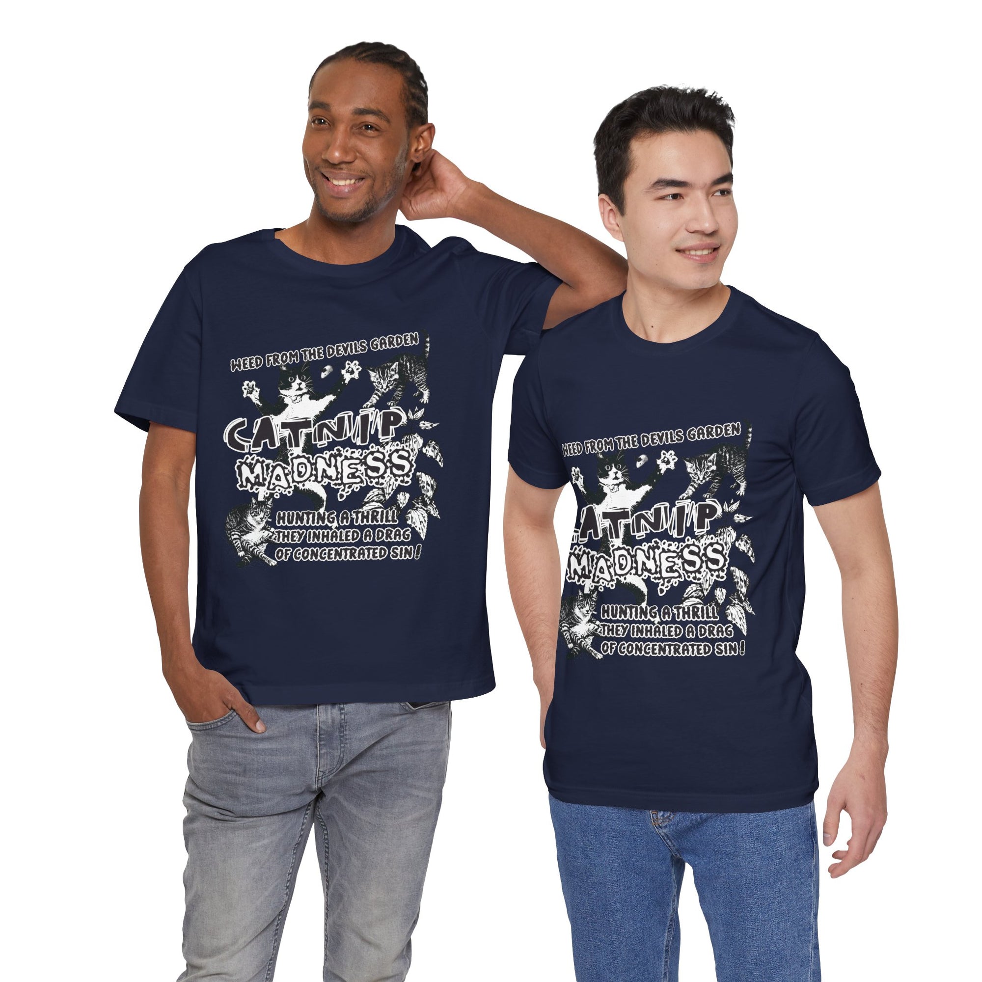 Two men wearing navy blue t-shirts with a Memorial Day design on a white background