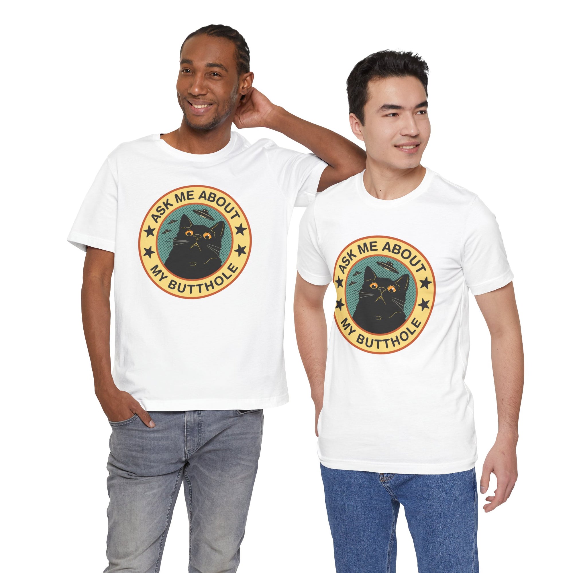Black t-shirt featuring a retro-style circular black cat badge with stars, bats, and the phrase “Ask Me About My Butthole.”
