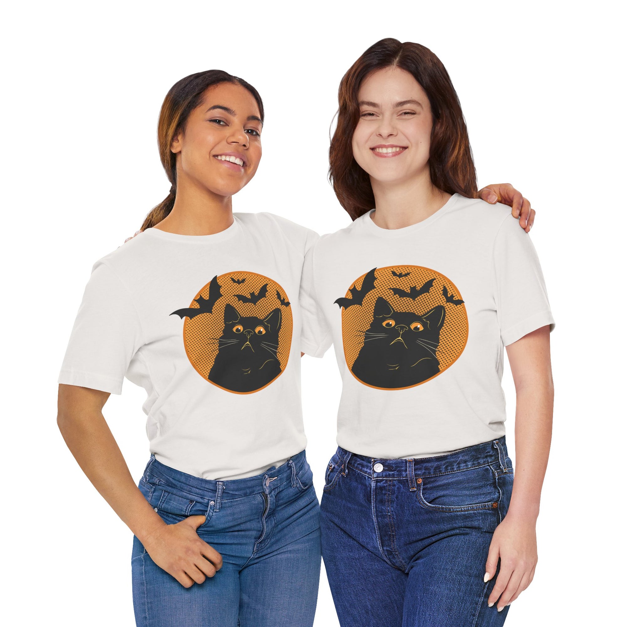 Two people wearing white t-shirts with a black cat graphic design on a white background