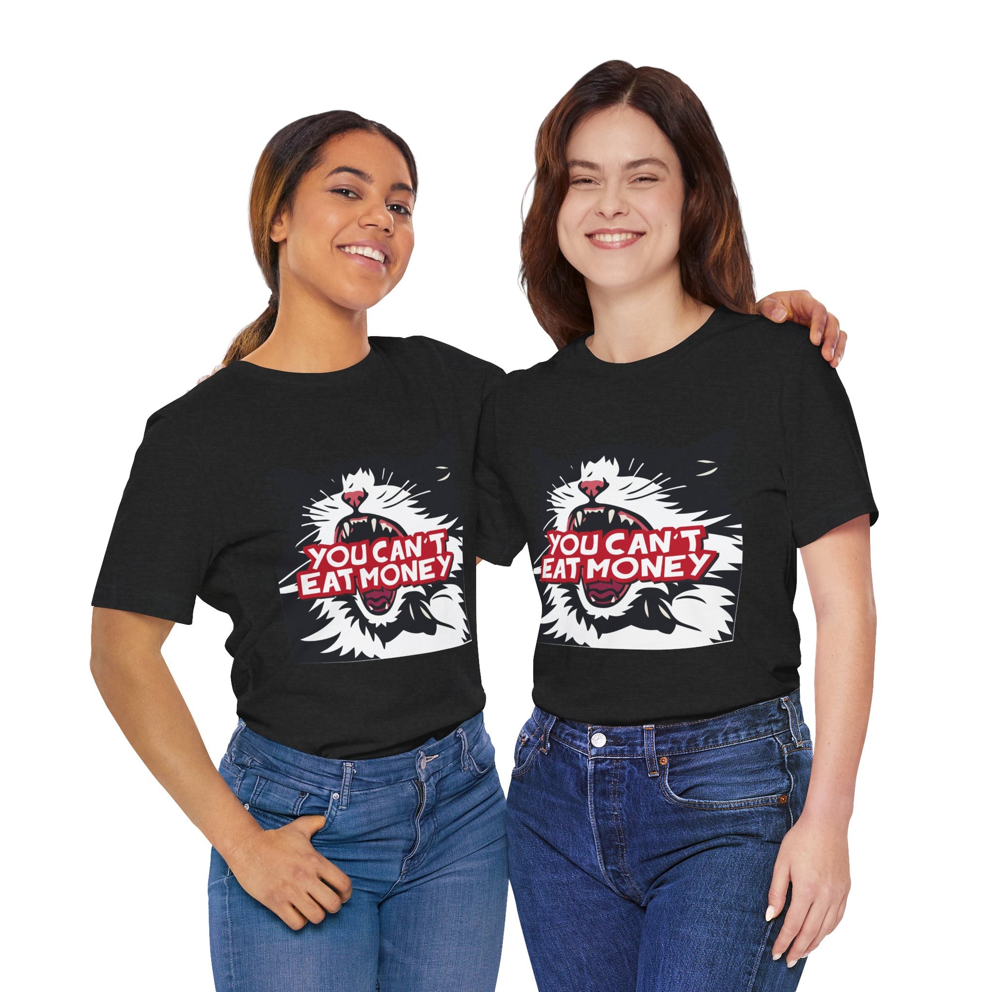 Two people wearing black t-shirts with a graphic design and text on a white background