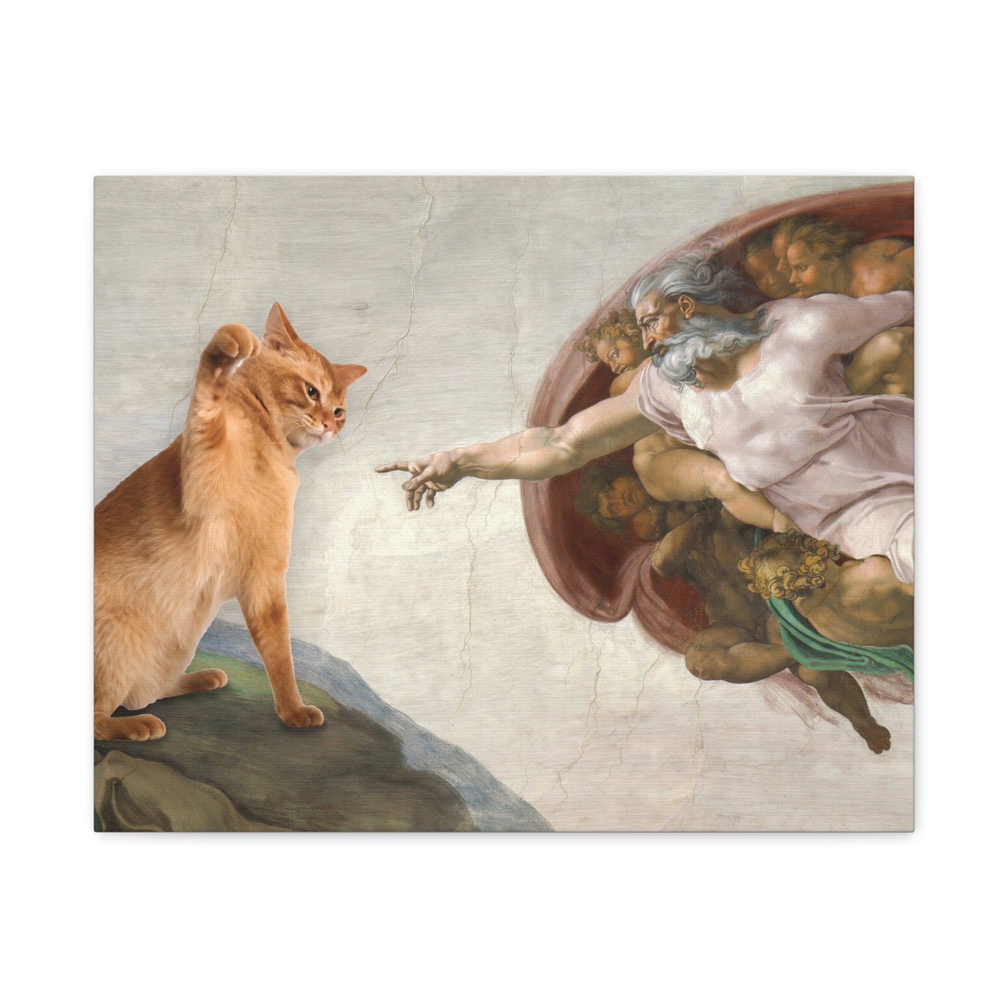 Mural-style artwork with a cat and classical figure reaching out towards each other.