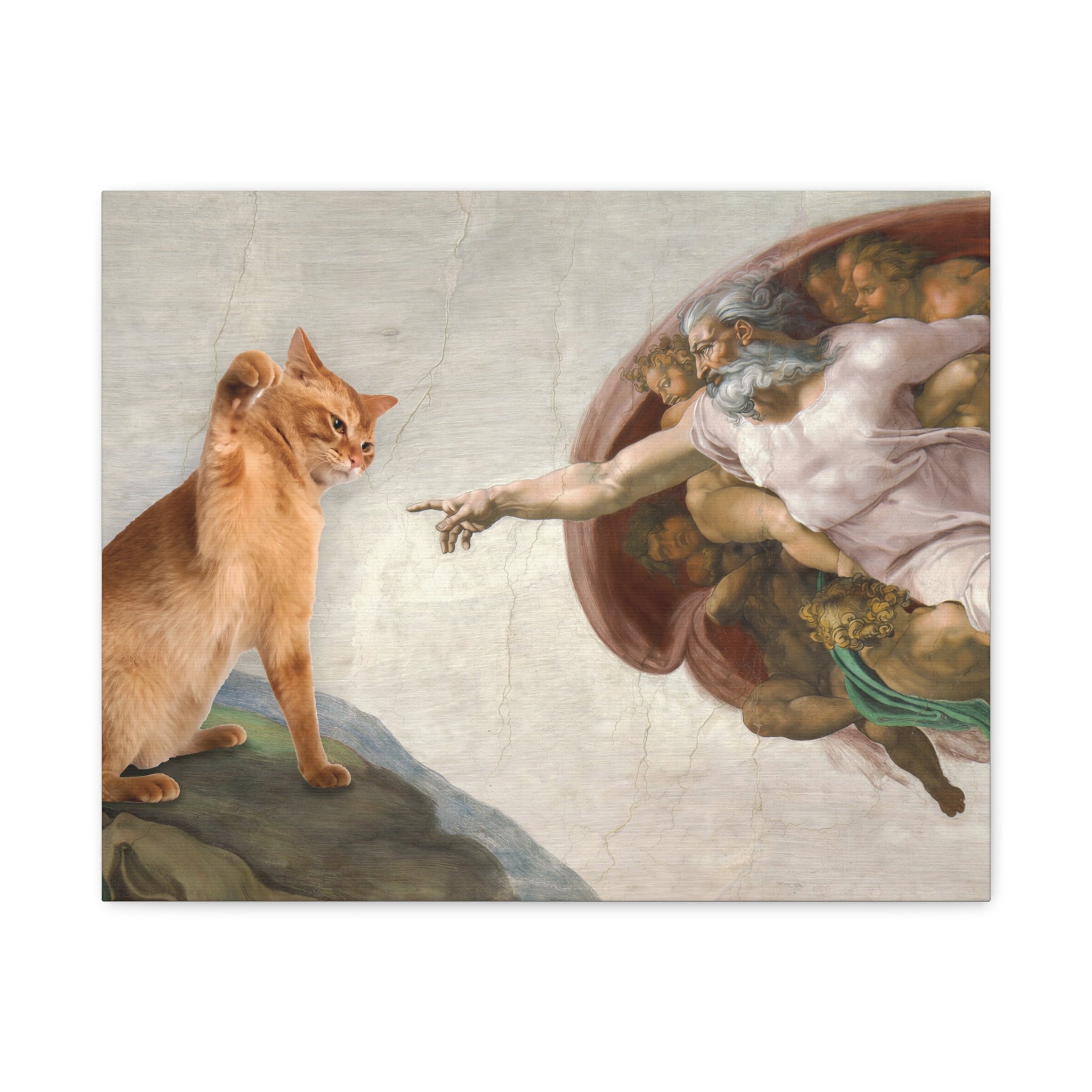Mural-style artwork with a cat and classical figure reaching out towards each other.