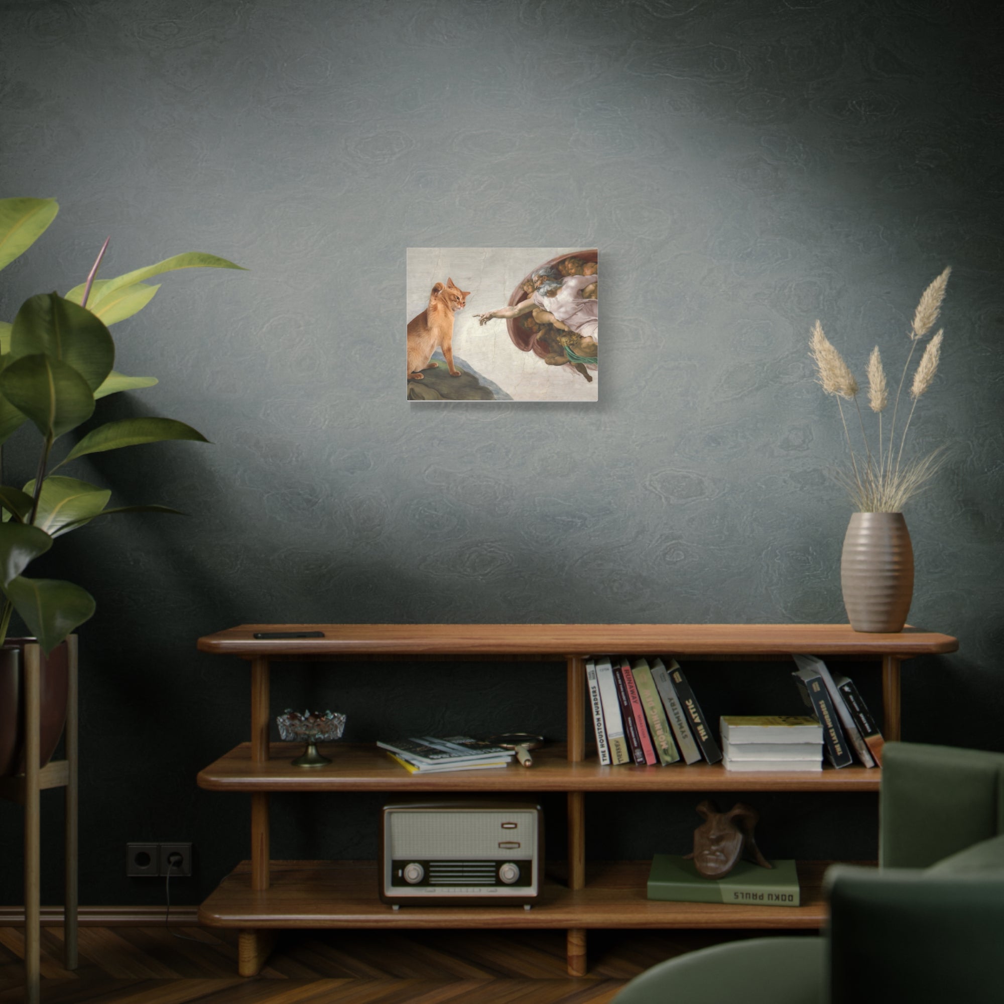 Living room with a wooden shelf, books, a vase, and a painting on the wall.