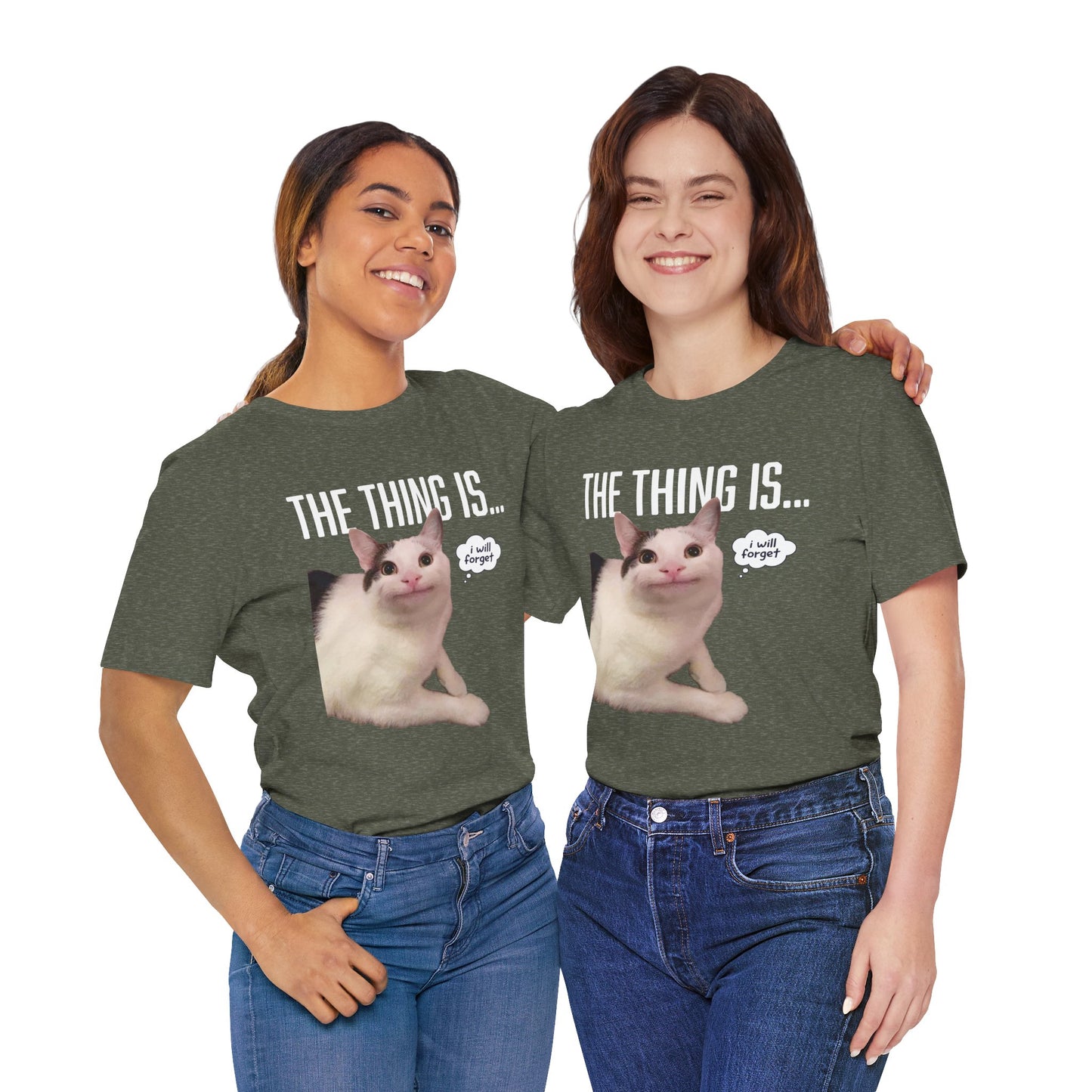 Two people wearing green t-shirts with a cat graphic and text on a white background