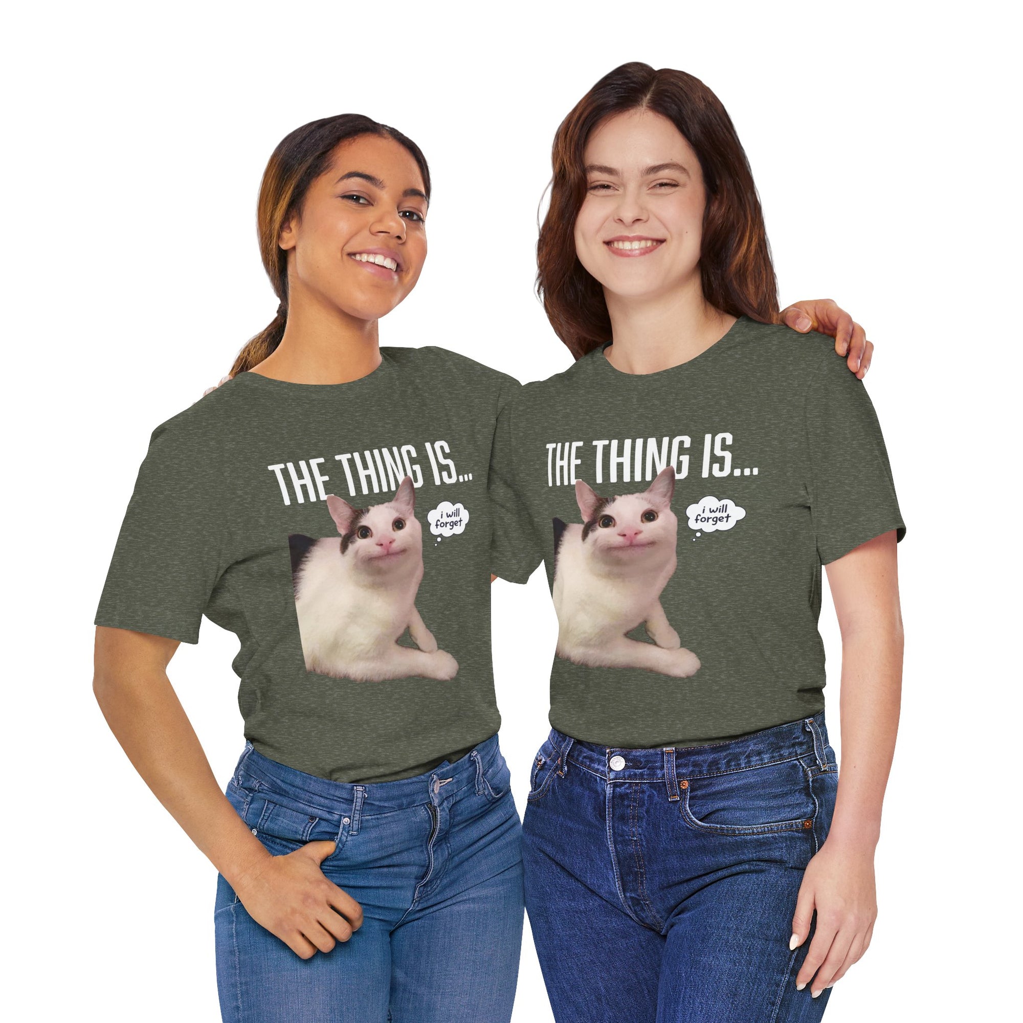 Two people wearing green t-shirts with a cat graphic and text on a white background