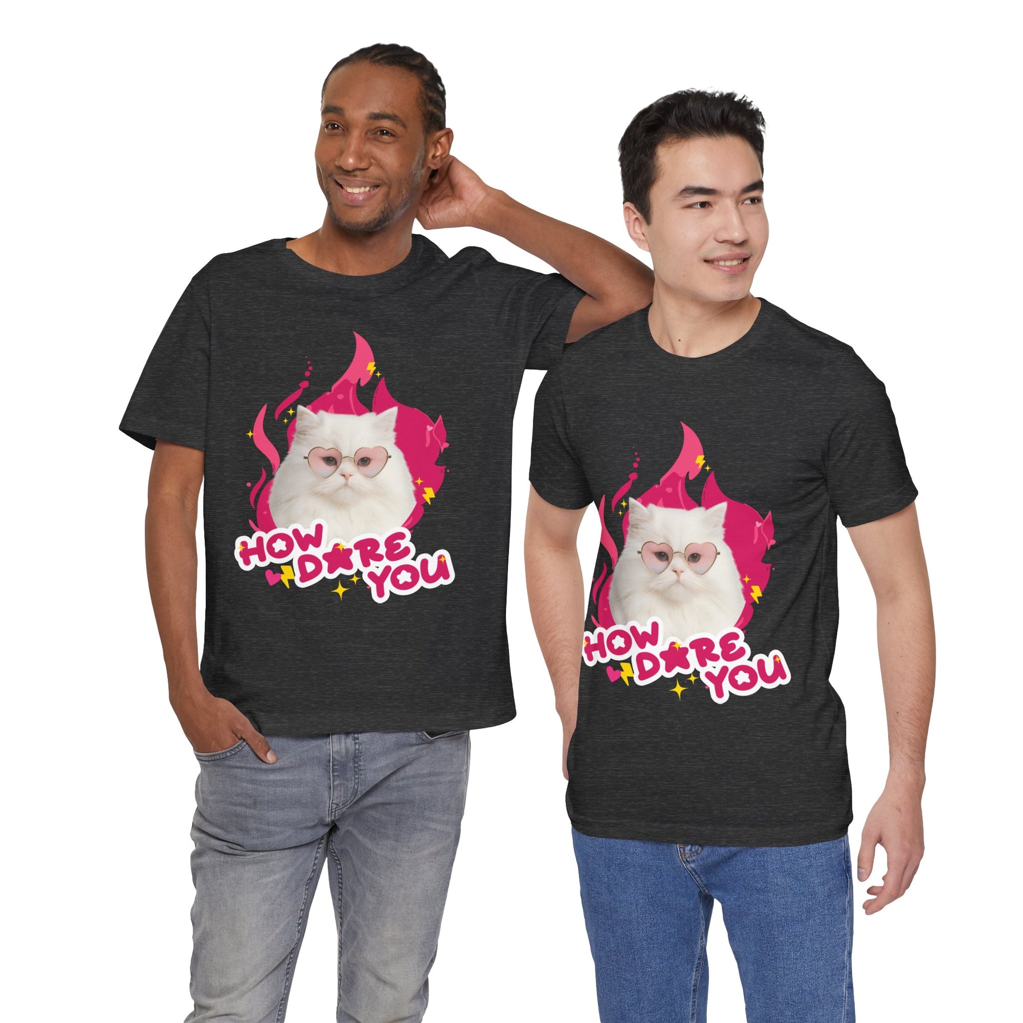 Two men wearing black t-shirts with a cat graphic and 'HOW DARE YOU' text.