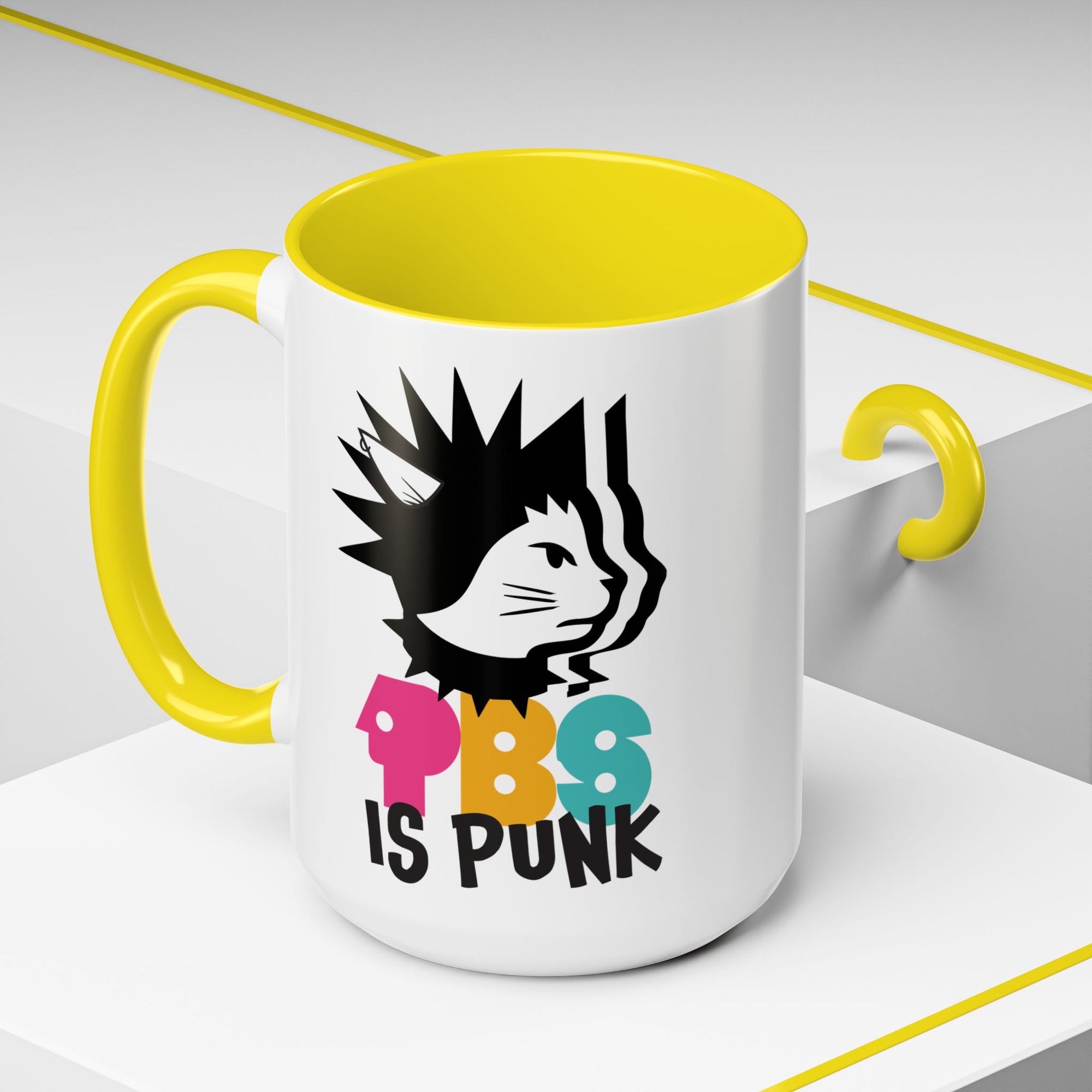 Mug with a graphic design featuring a cat and text 'PBS is Punk' on a white background.