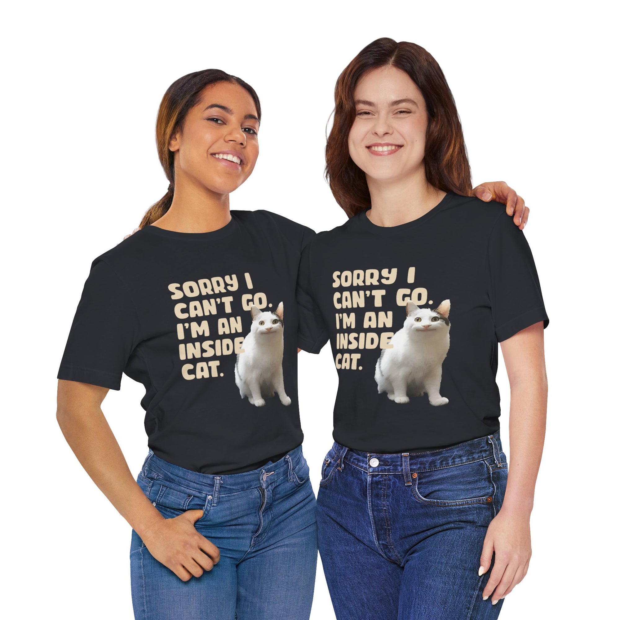 Two women wearing black t-shirts with a cat design 