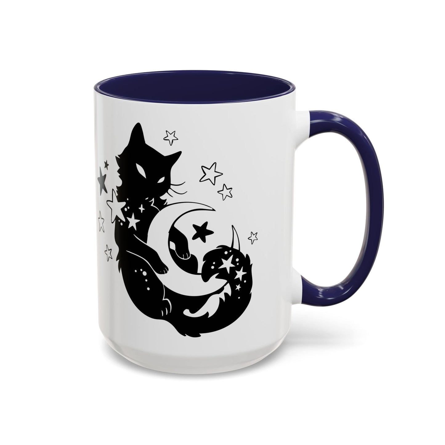 Mug with black cat, moon, and star design on a white background