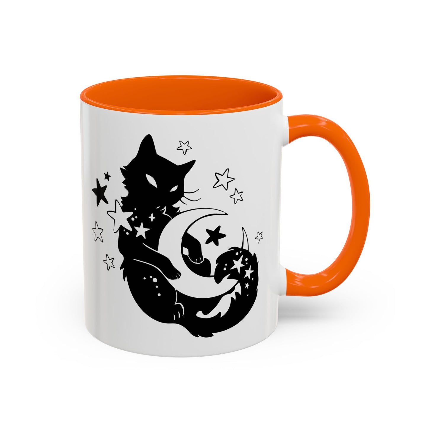 White mug with orange interior and handle featuring a black cat, moon, and star design.