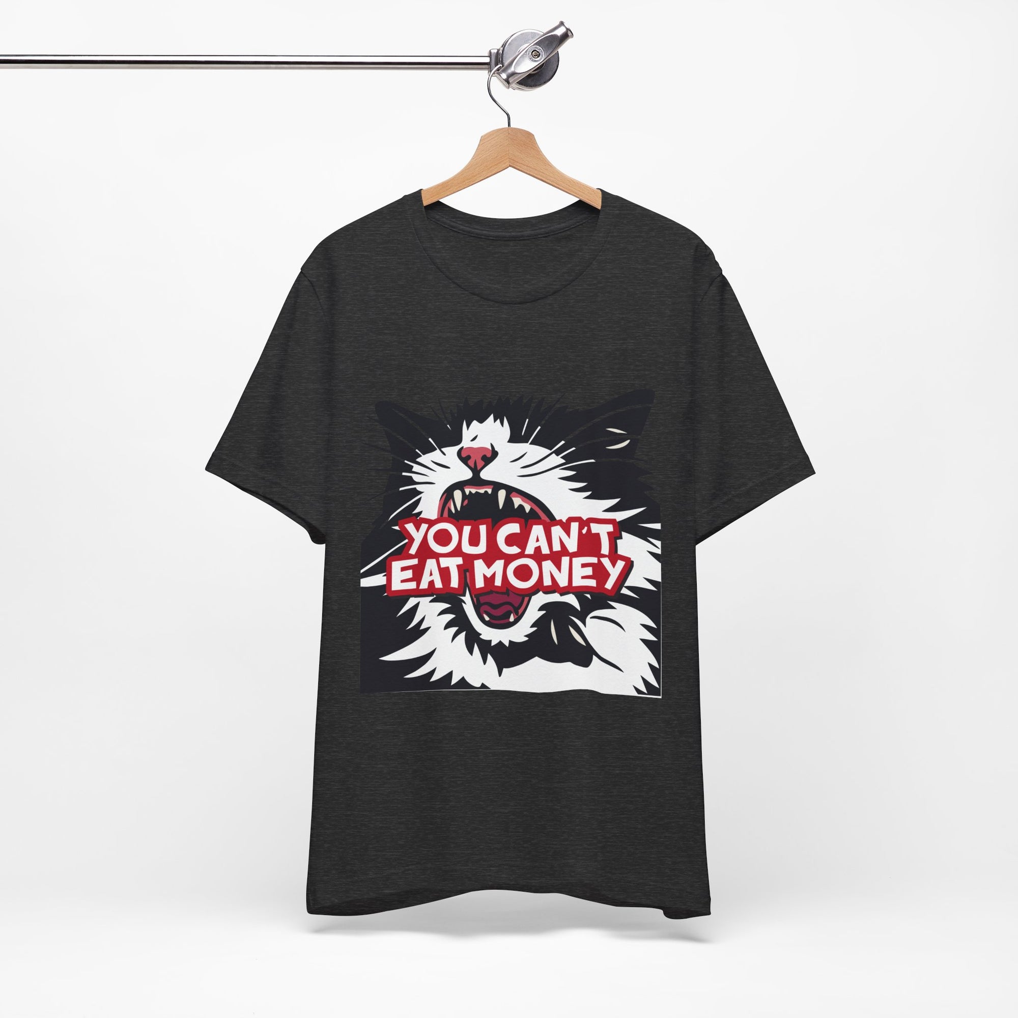 black t-shirt featuring a bold black, white, and red angry cat graphic with the phrase “You Can’t Eat Money.”
