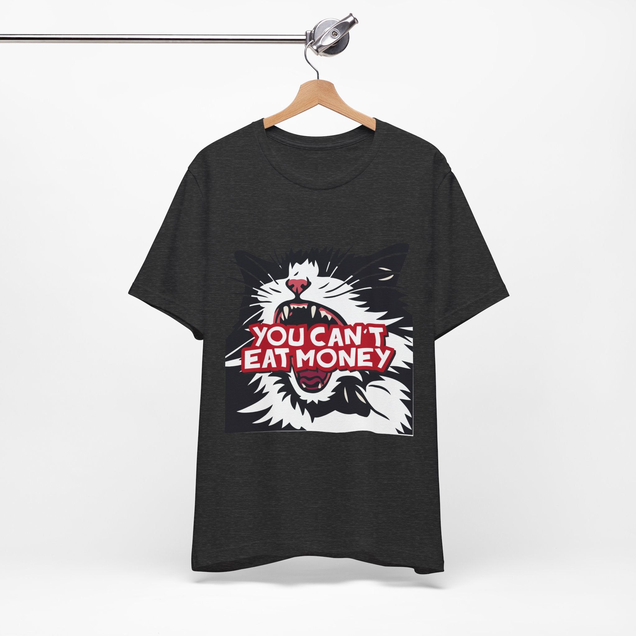 black t-shirt featuring a bold black, white, and red angry cat graphic with the phrase “You Can’t Eat Money.”
