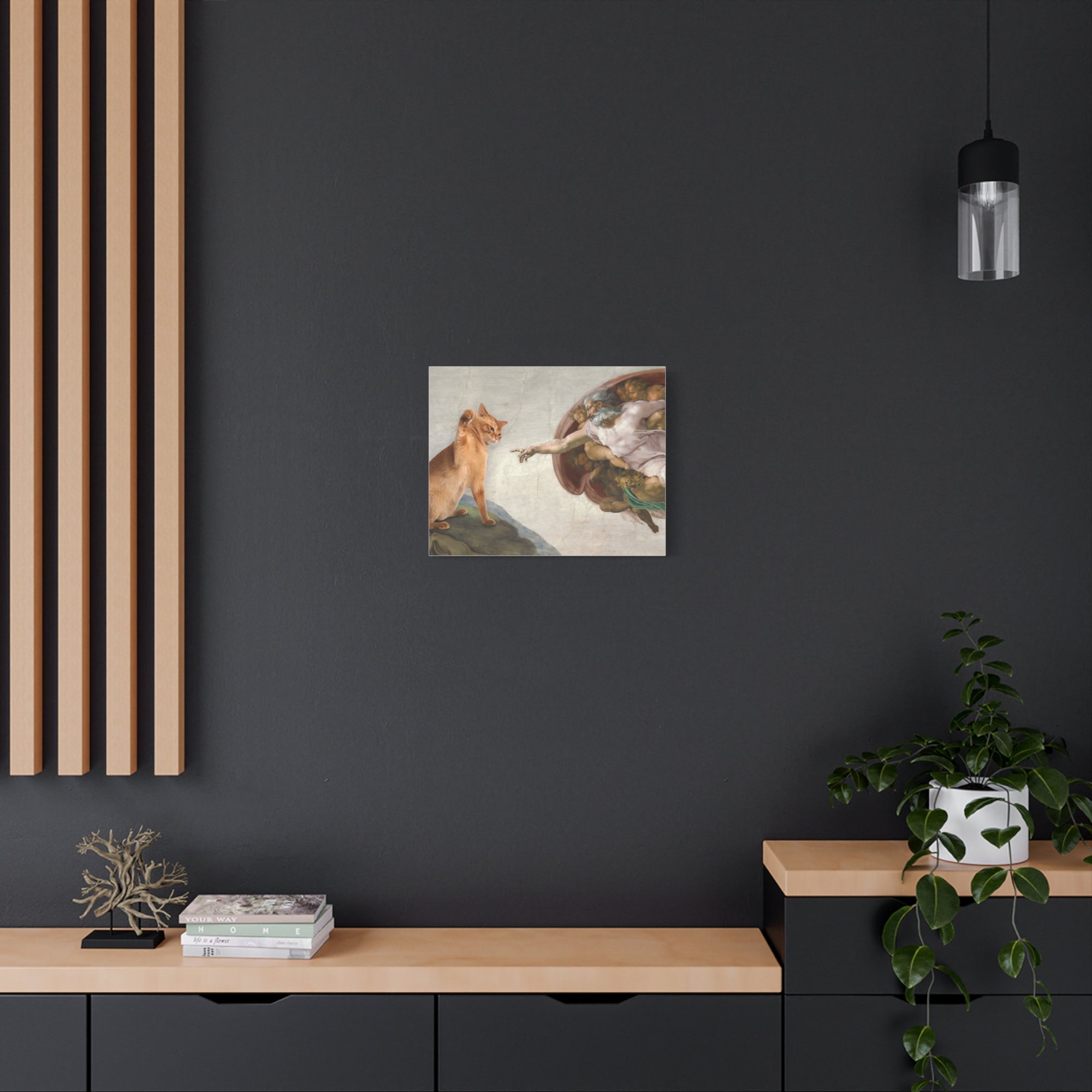 Modern interior with a painting of a dog and a bird on a dark wall.