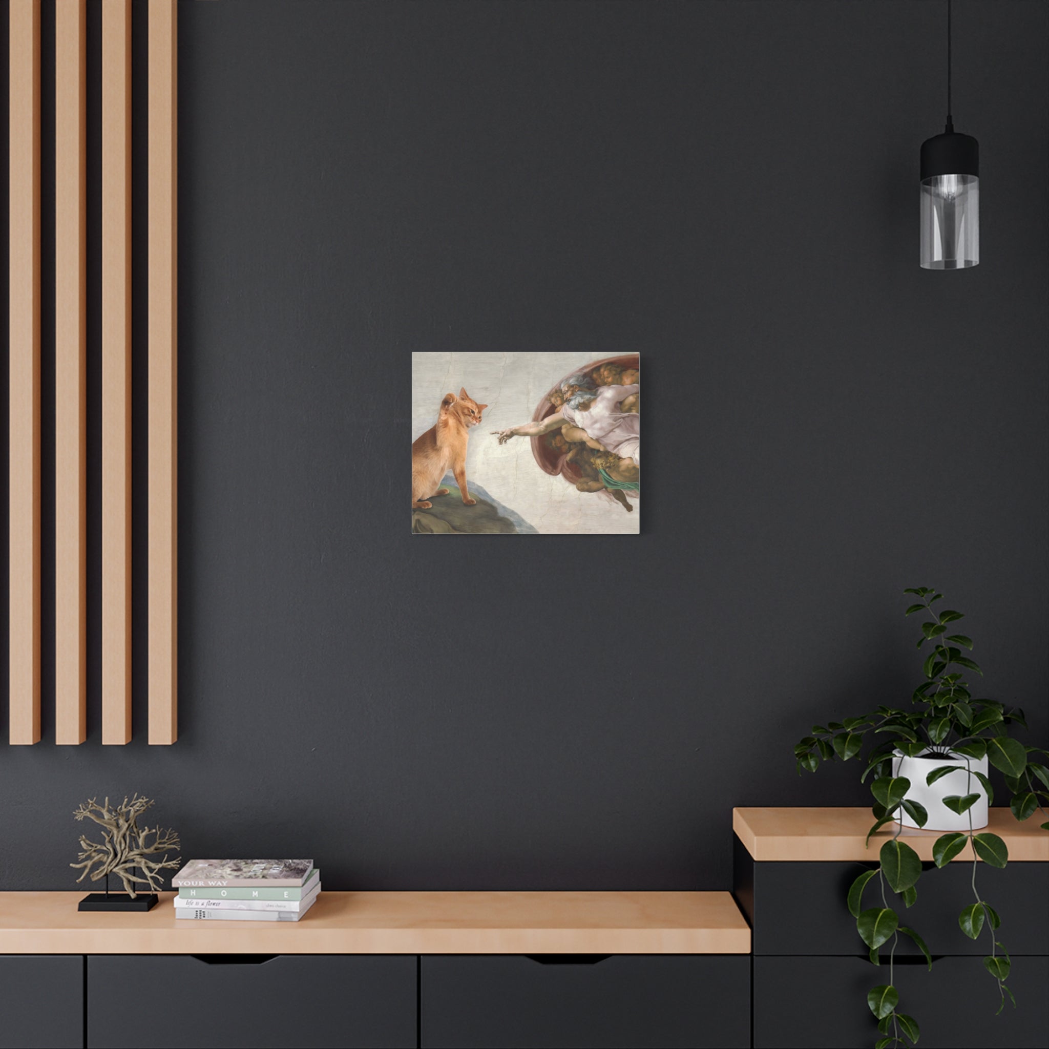 Modern interior with a painting of a dog and a bird on a dark wall.