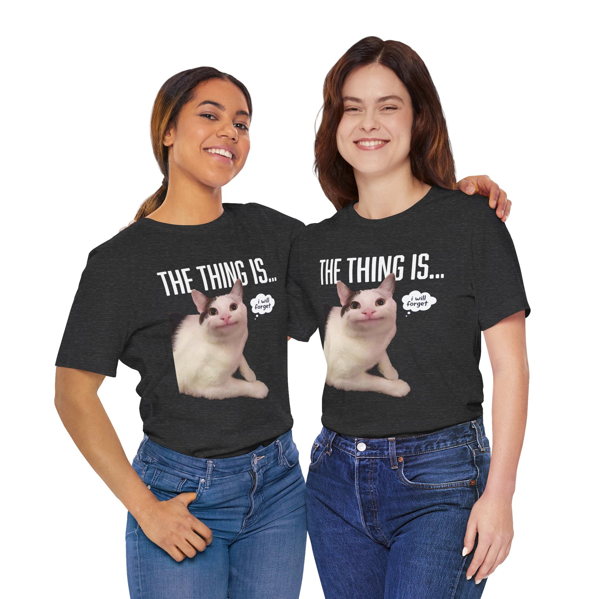 Two people wearing black t-shirts with a cat graphic and text on a white background