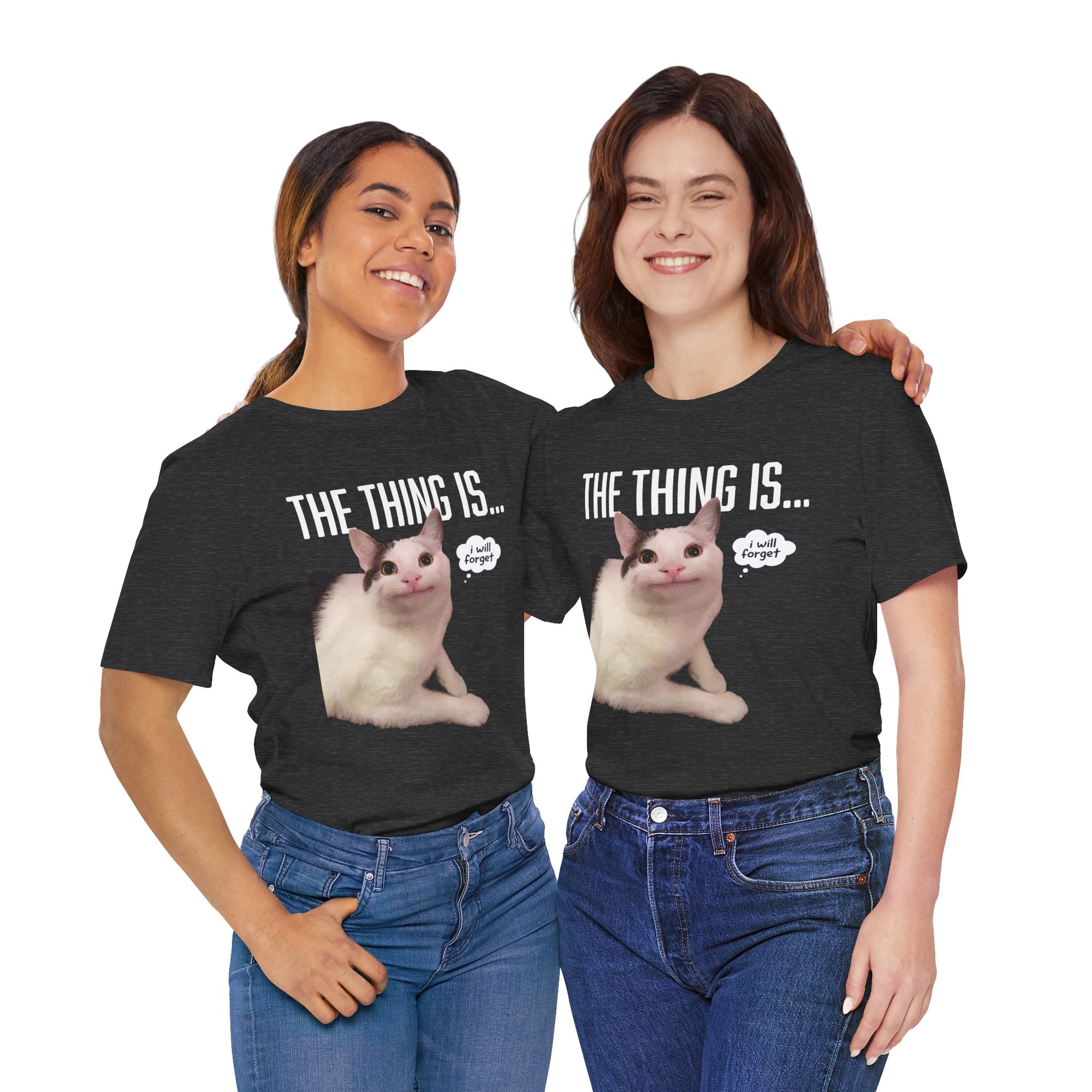 Two people wearing black t-shirts with a cat graphic and text on a white background