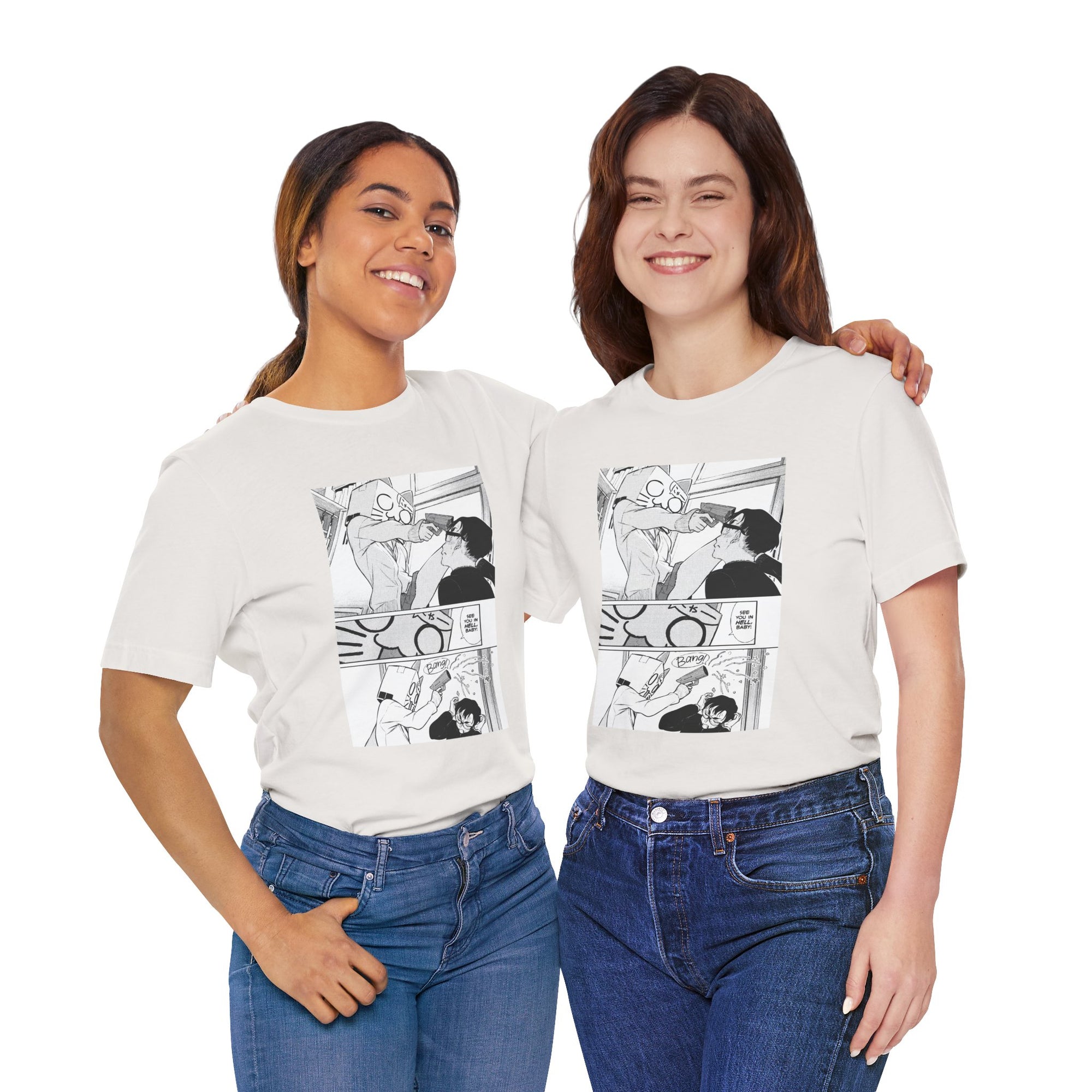 Two women wearing white t-shirts with black and white graphic designs, standing against a white background.