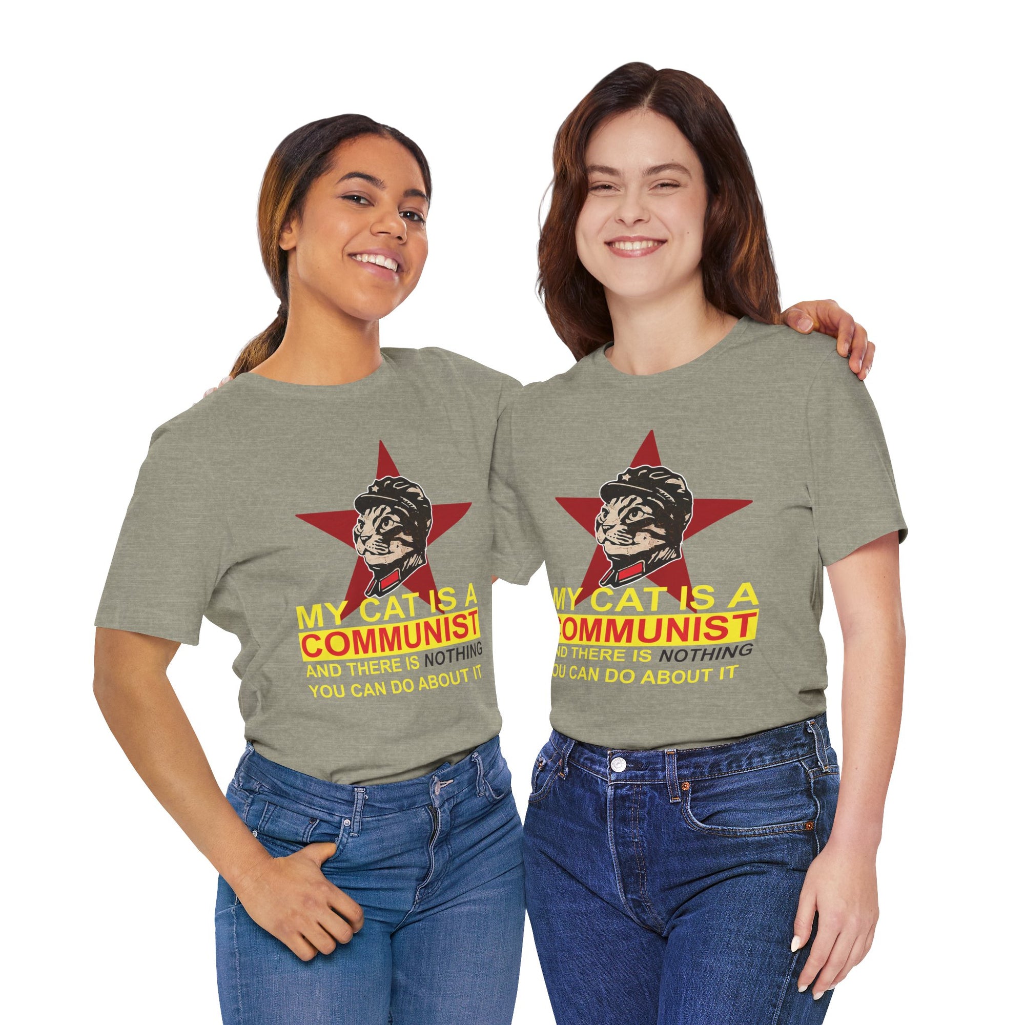 Two people wearing t-shirts with a graphic of a cat and text on a white background