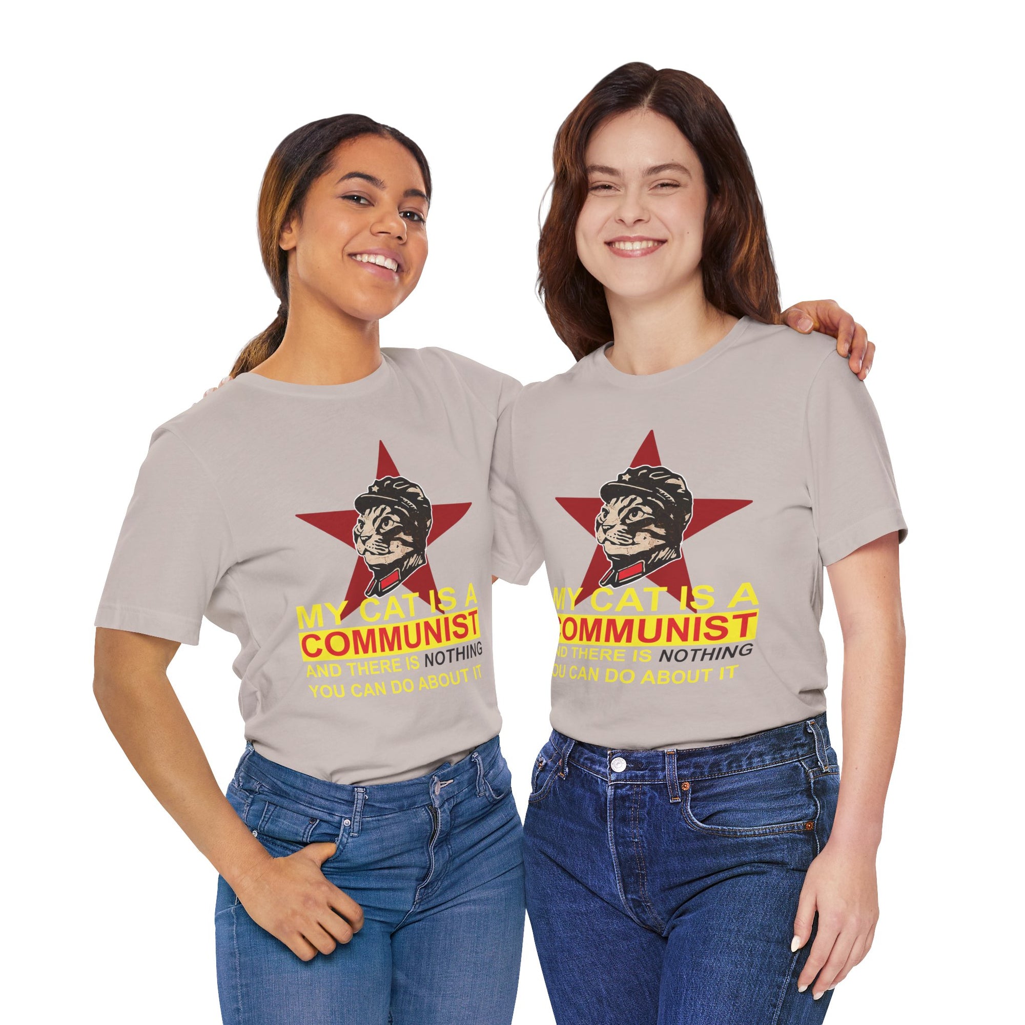 Two people wearing t-shirts with a graphic design and text.