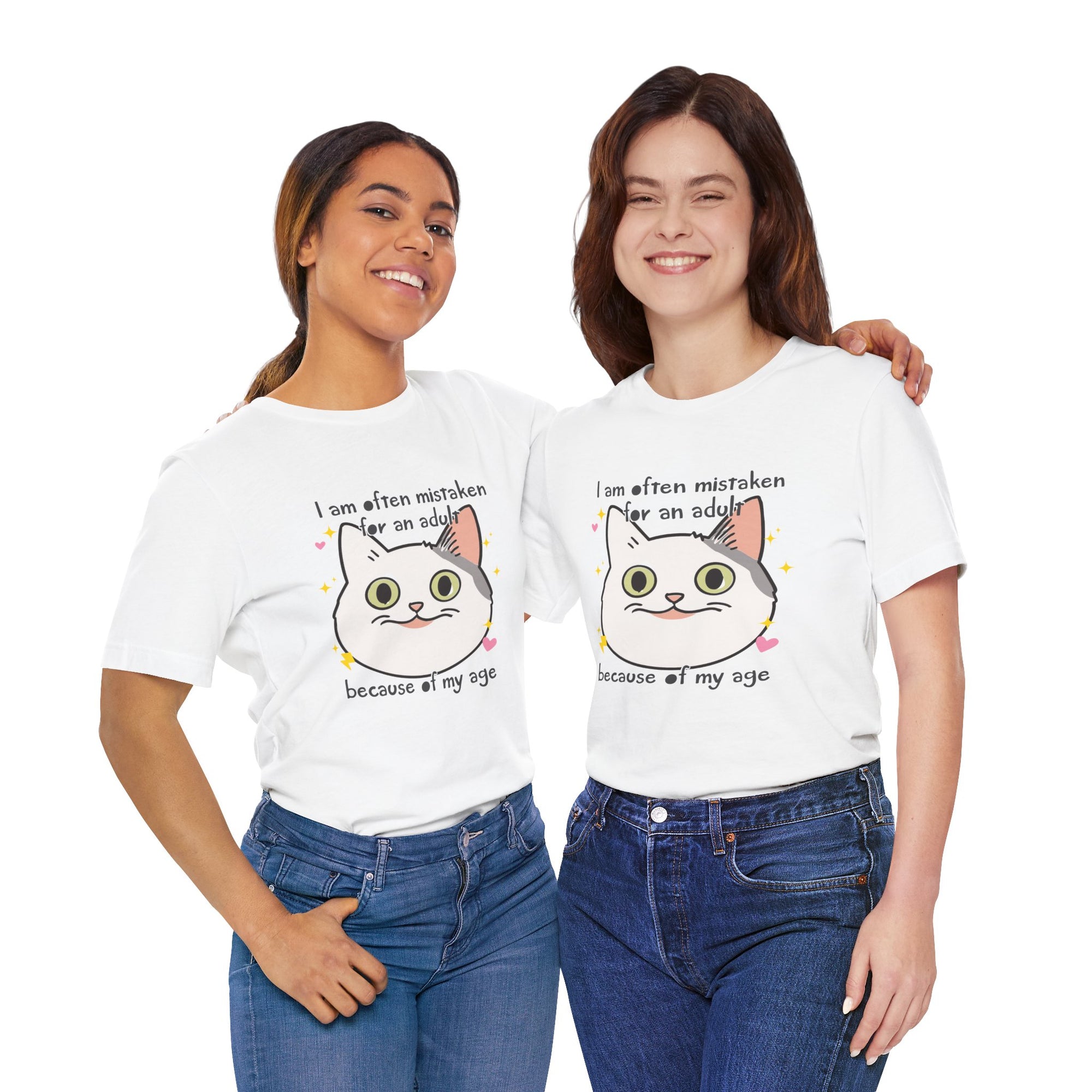 Two people wearing white t-shirts with a cartoon cat and text on a white background