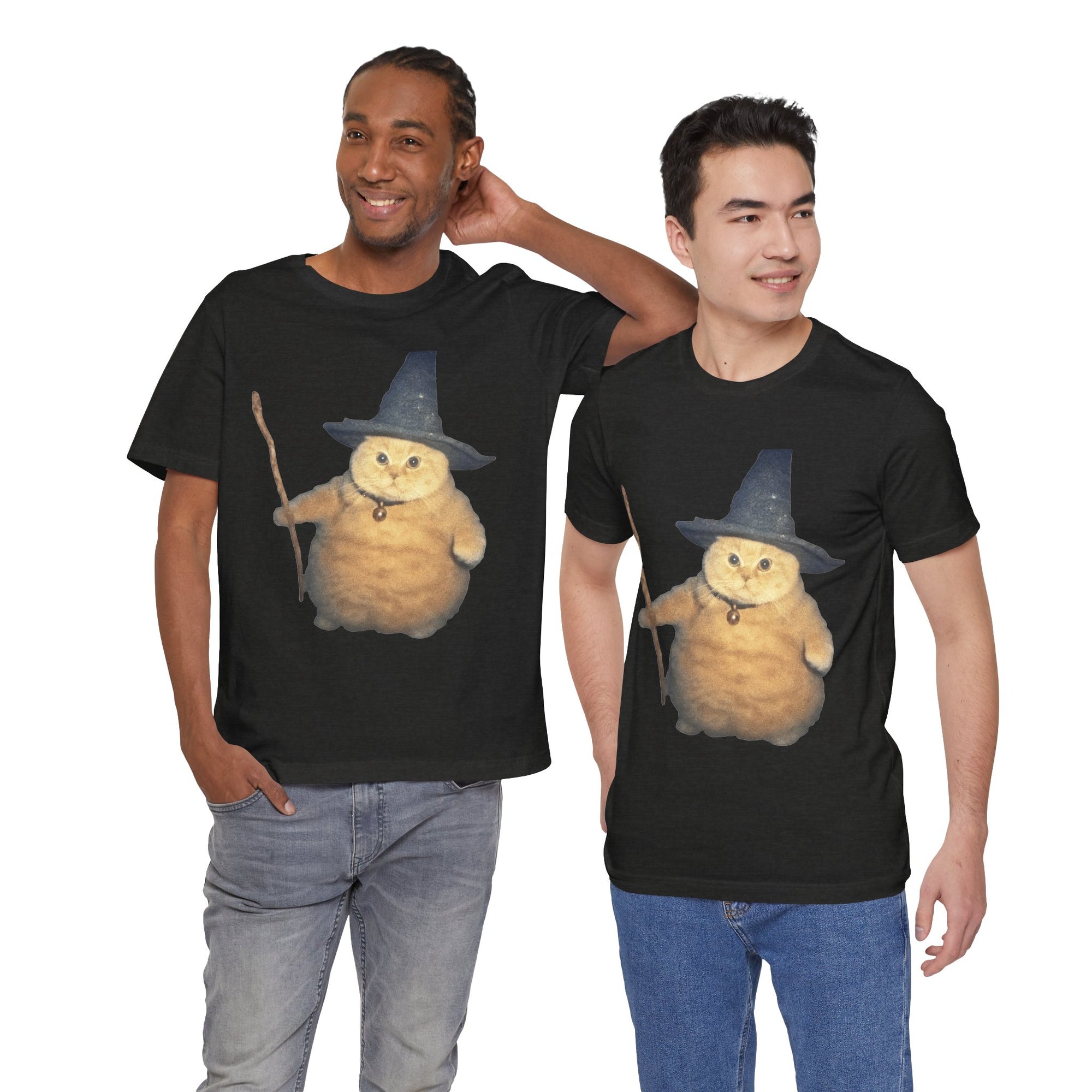 Two men wearing black t-shirts with a cartoon cat design on a white background