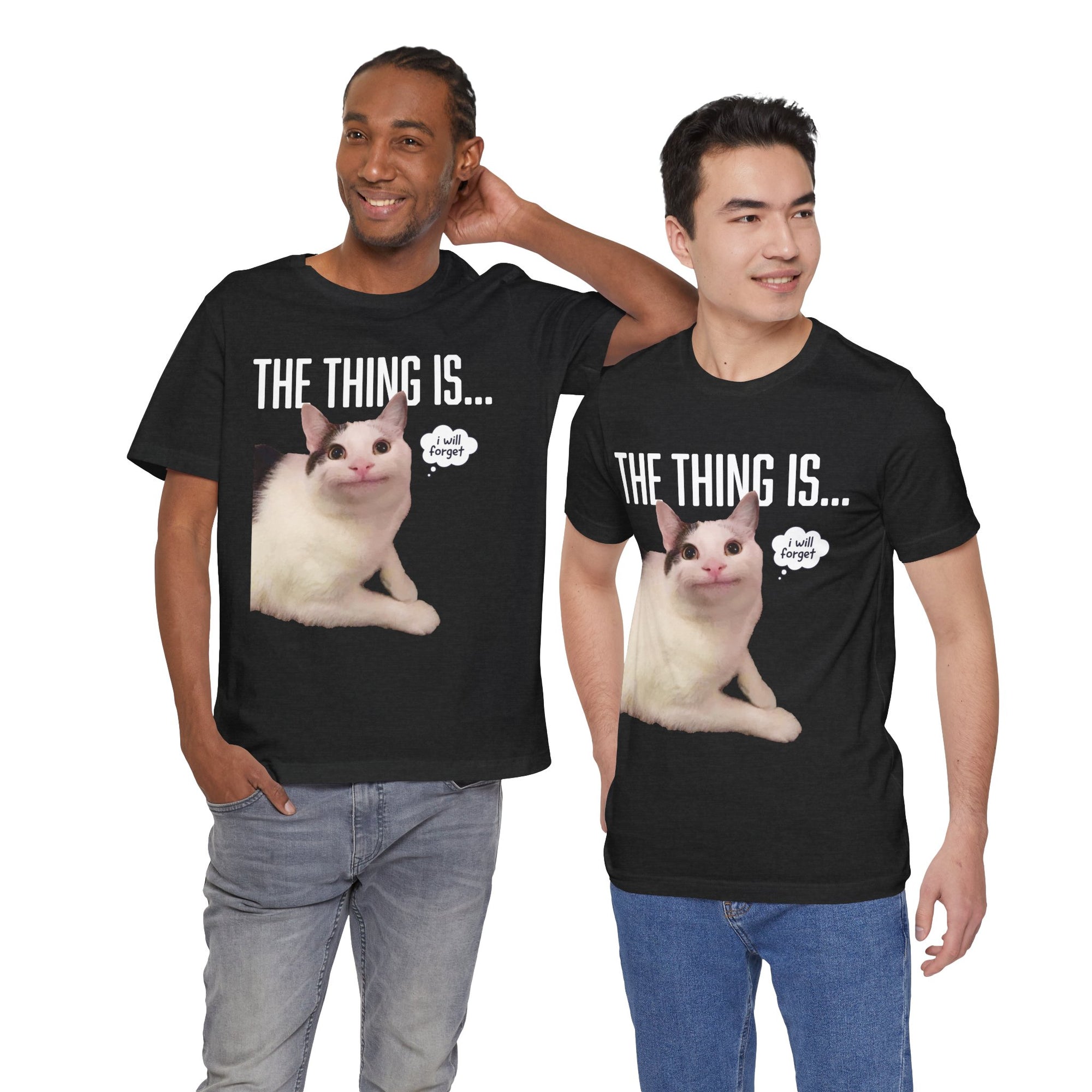 Two men wearing black t-shirts with a cat graphic and text.