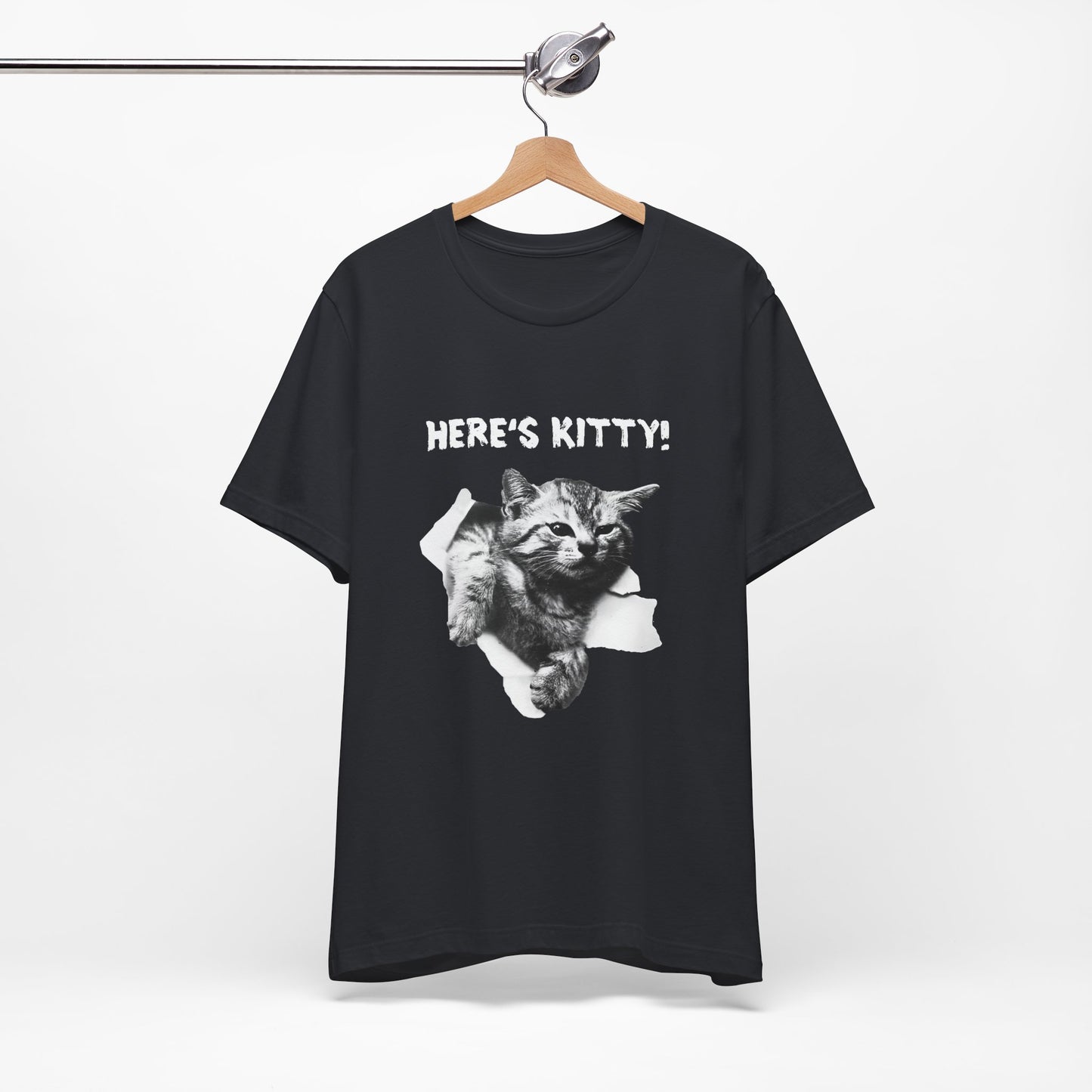 Black t-shirt with a graphic of a cat and 'HERE'S KITTY!' text on a white background