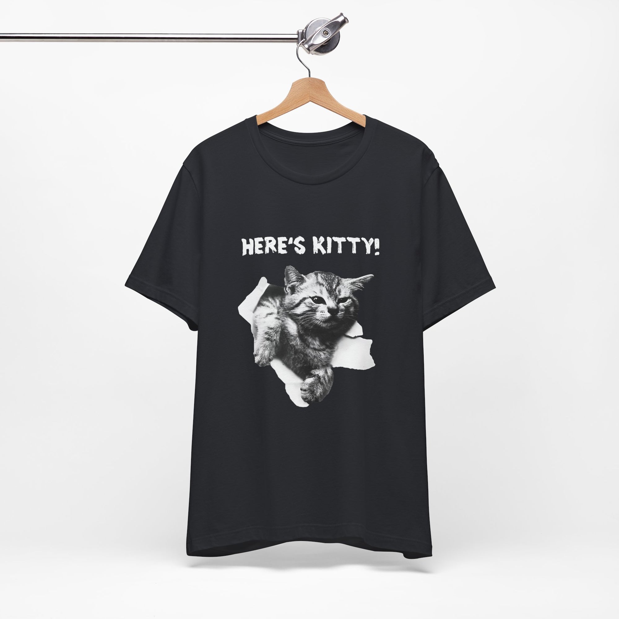 Black t-shirt with a graphic of a cat and 'HERE'S KITTY!' text on a white background