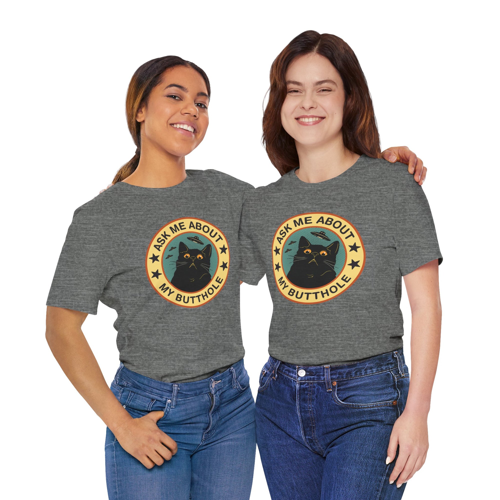 Two people wearing gray t-shirts with a black cat graphic and text on a white background