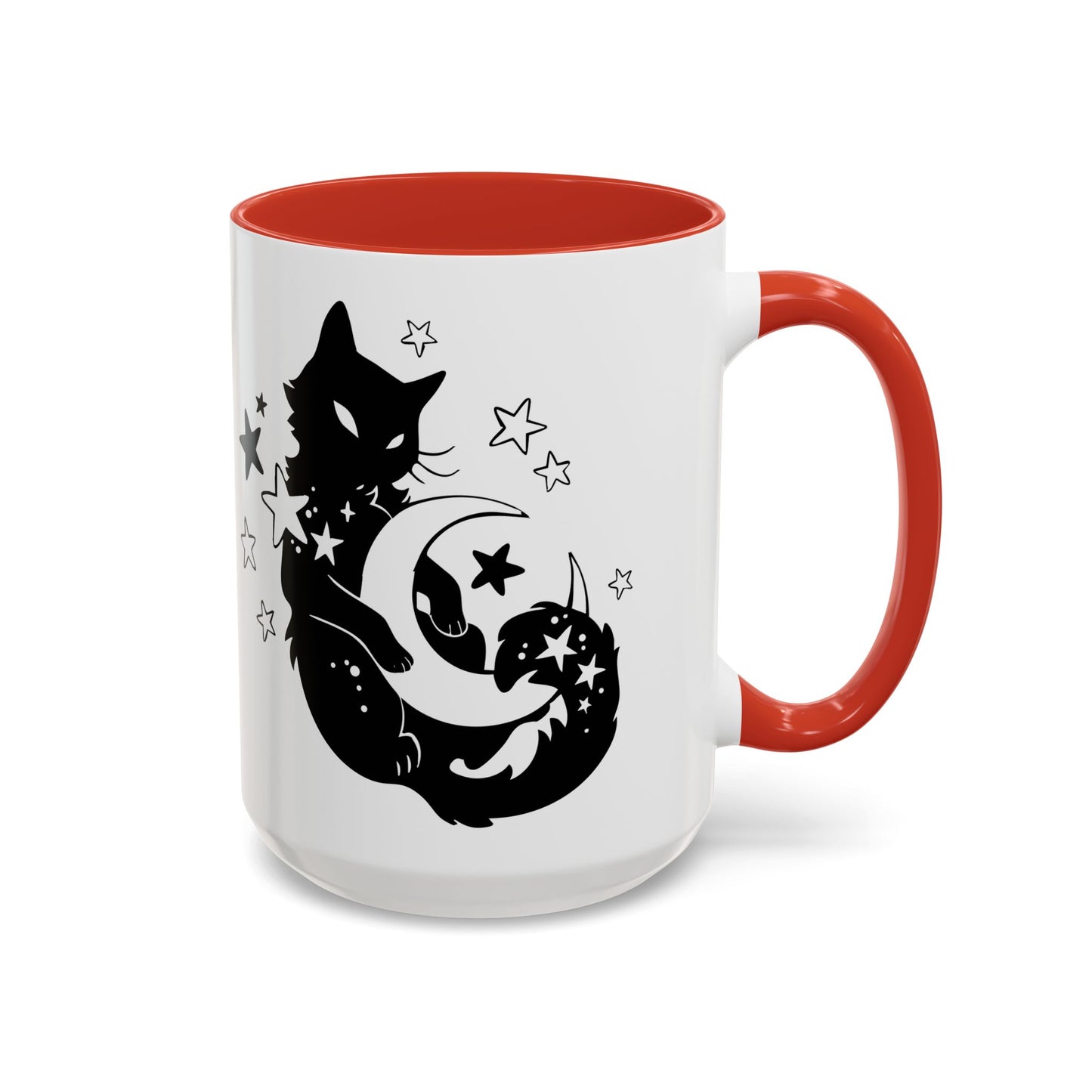 White mug with red interior and handle featuring a black cat and moon design on a white background