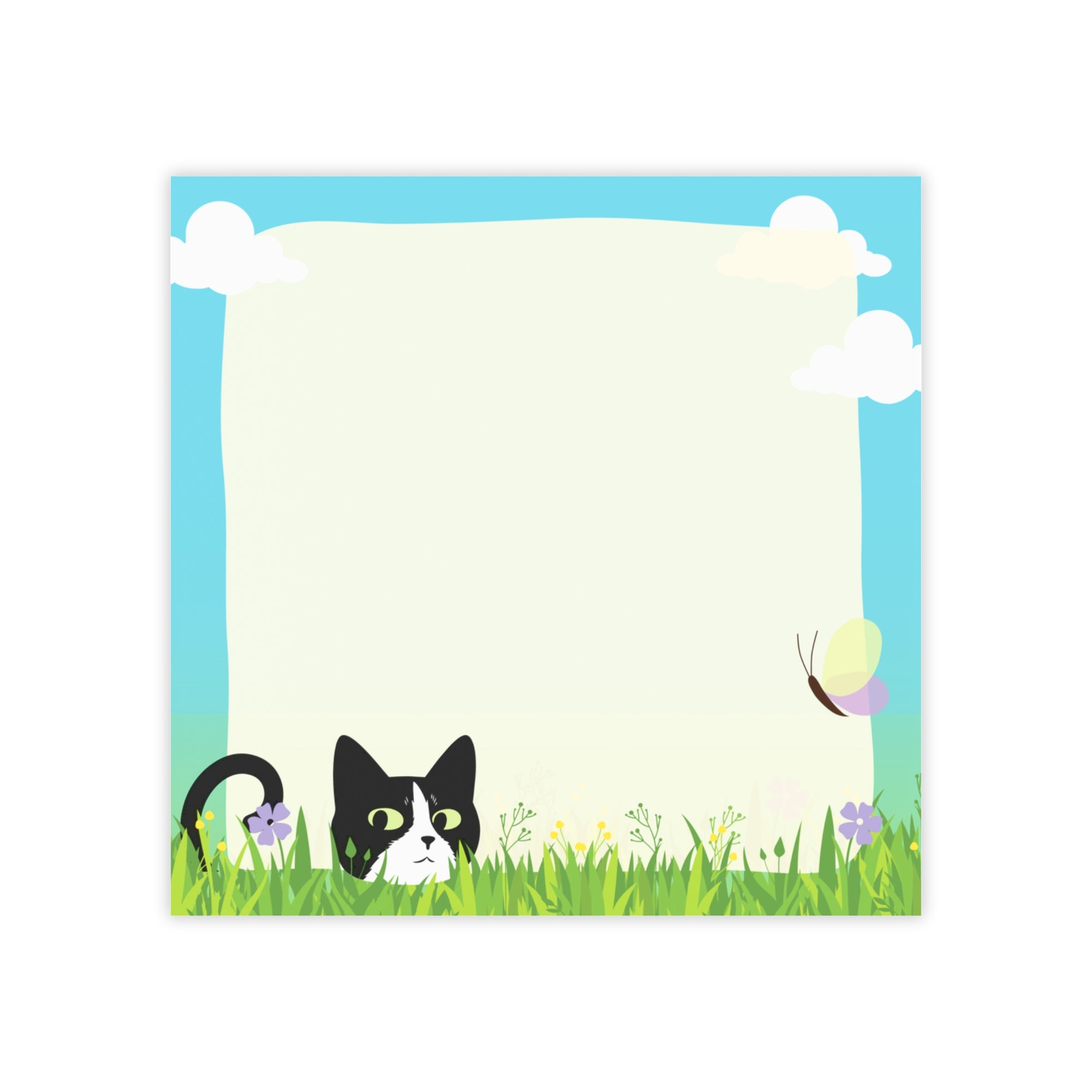 Stack of sticky notes with a black and white cat peeking from tall grass, flowers, clouds, and a light blank writing area in the center.
