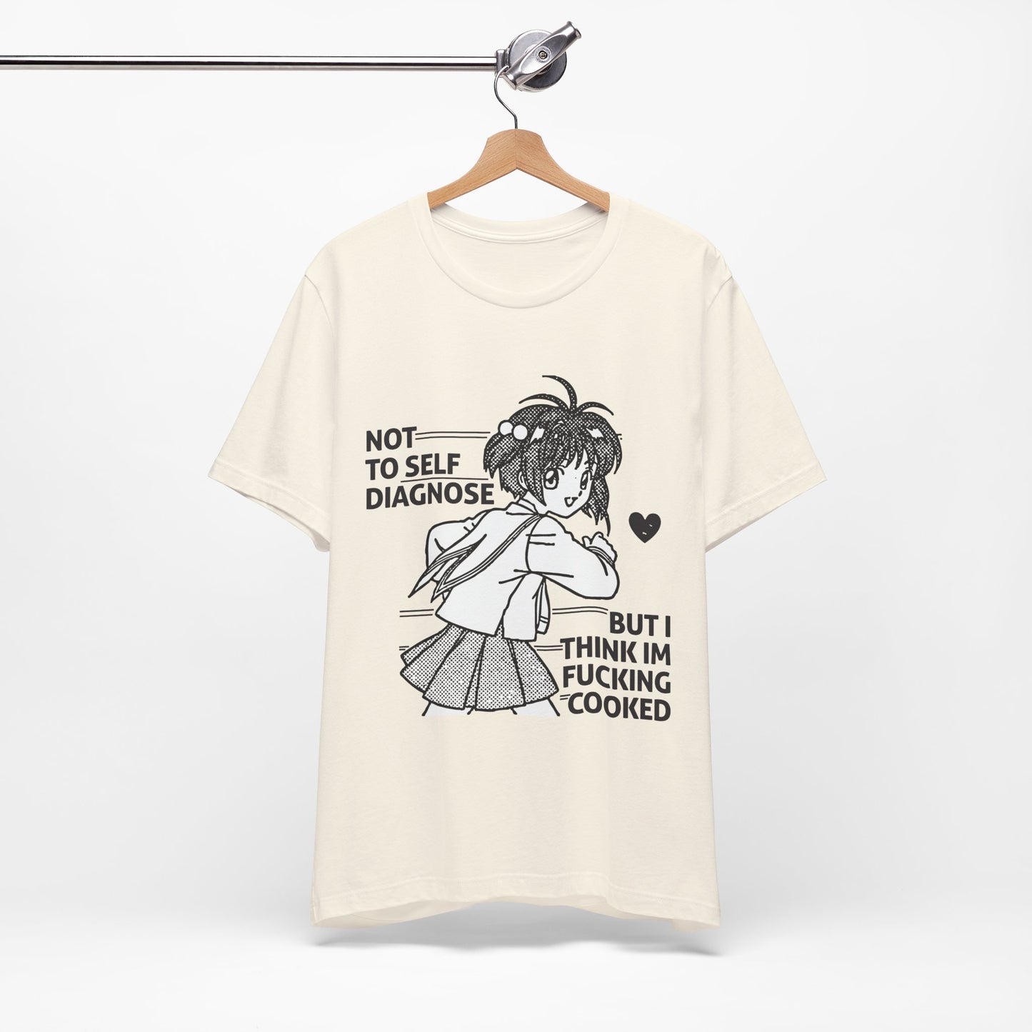 White t-shirt with graphic design and text on a hanger against a white background