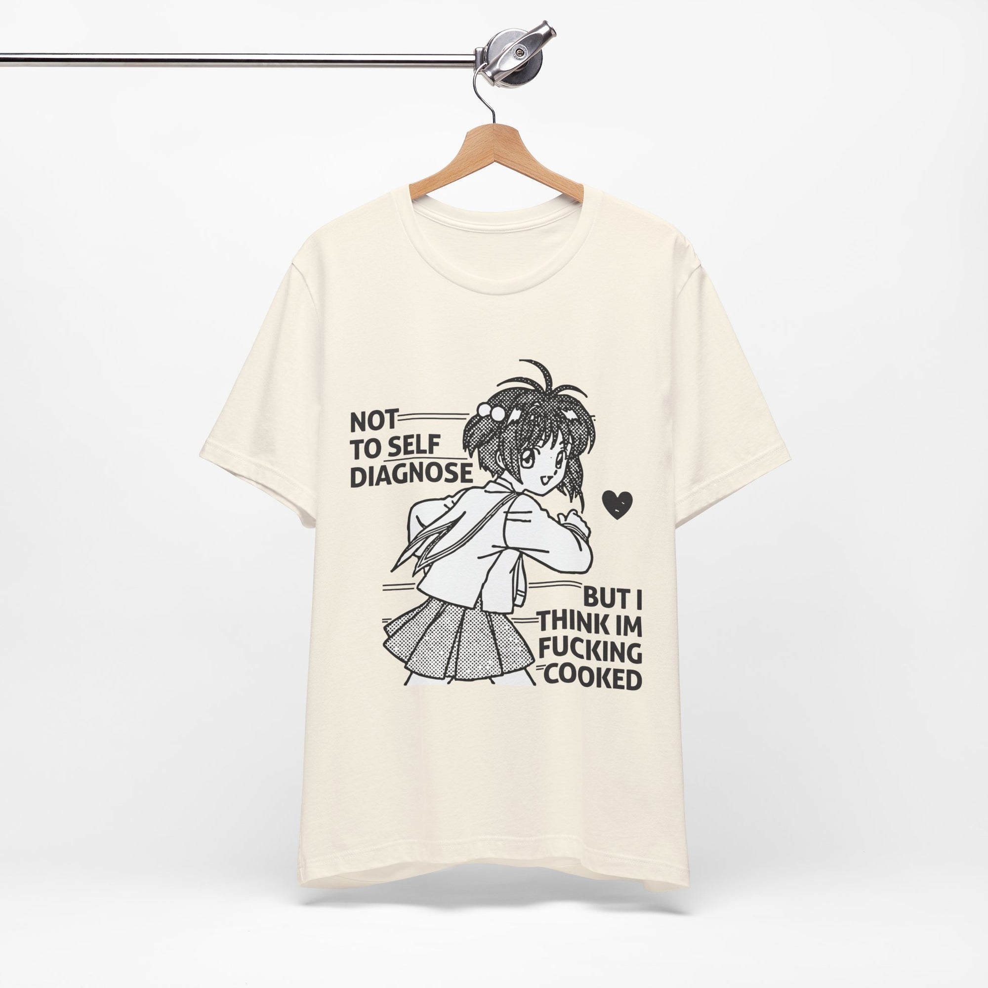 White t-shirt with graphic design and text on a hanger against a white background