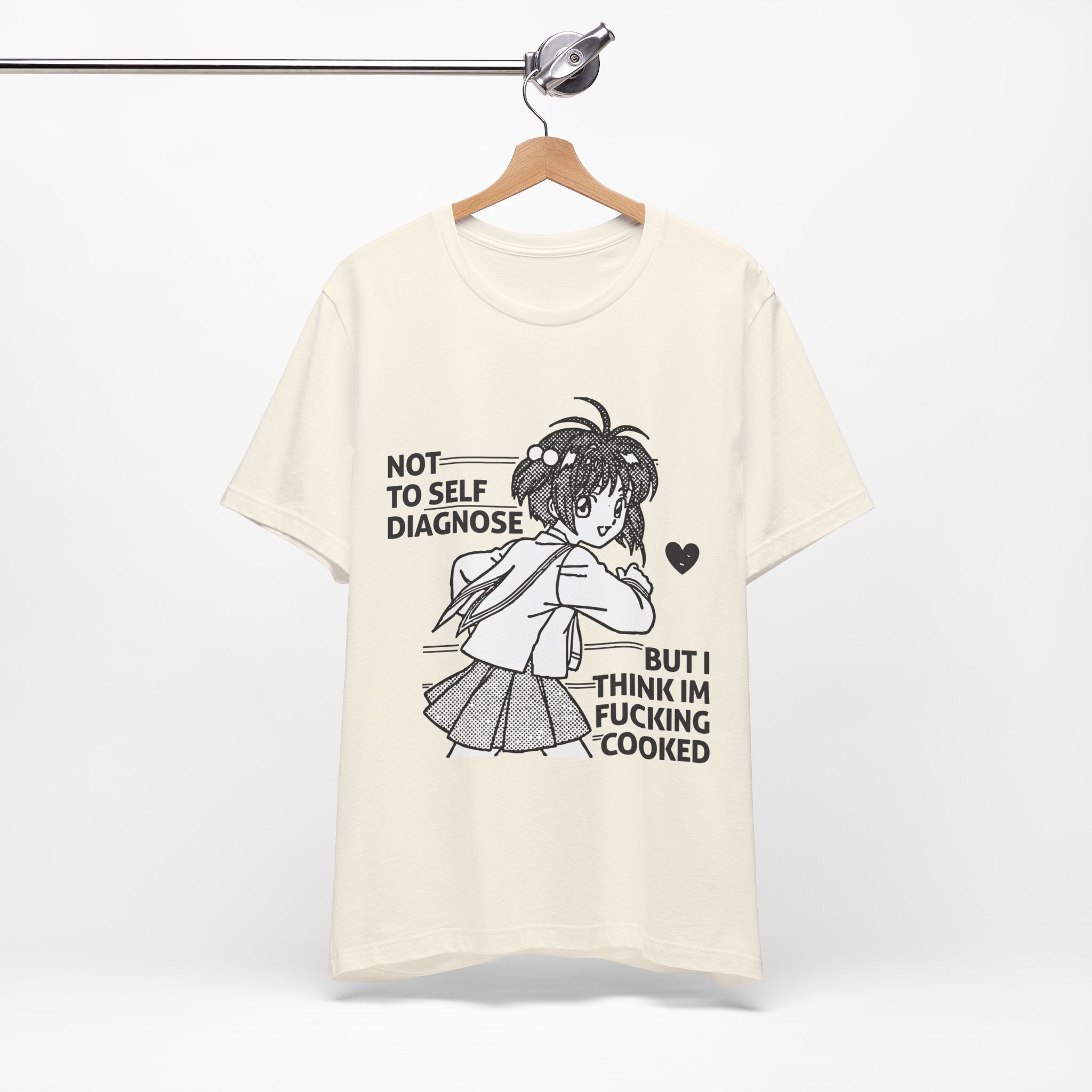 White t-shirt with graphic design and text on a hanger against a white background