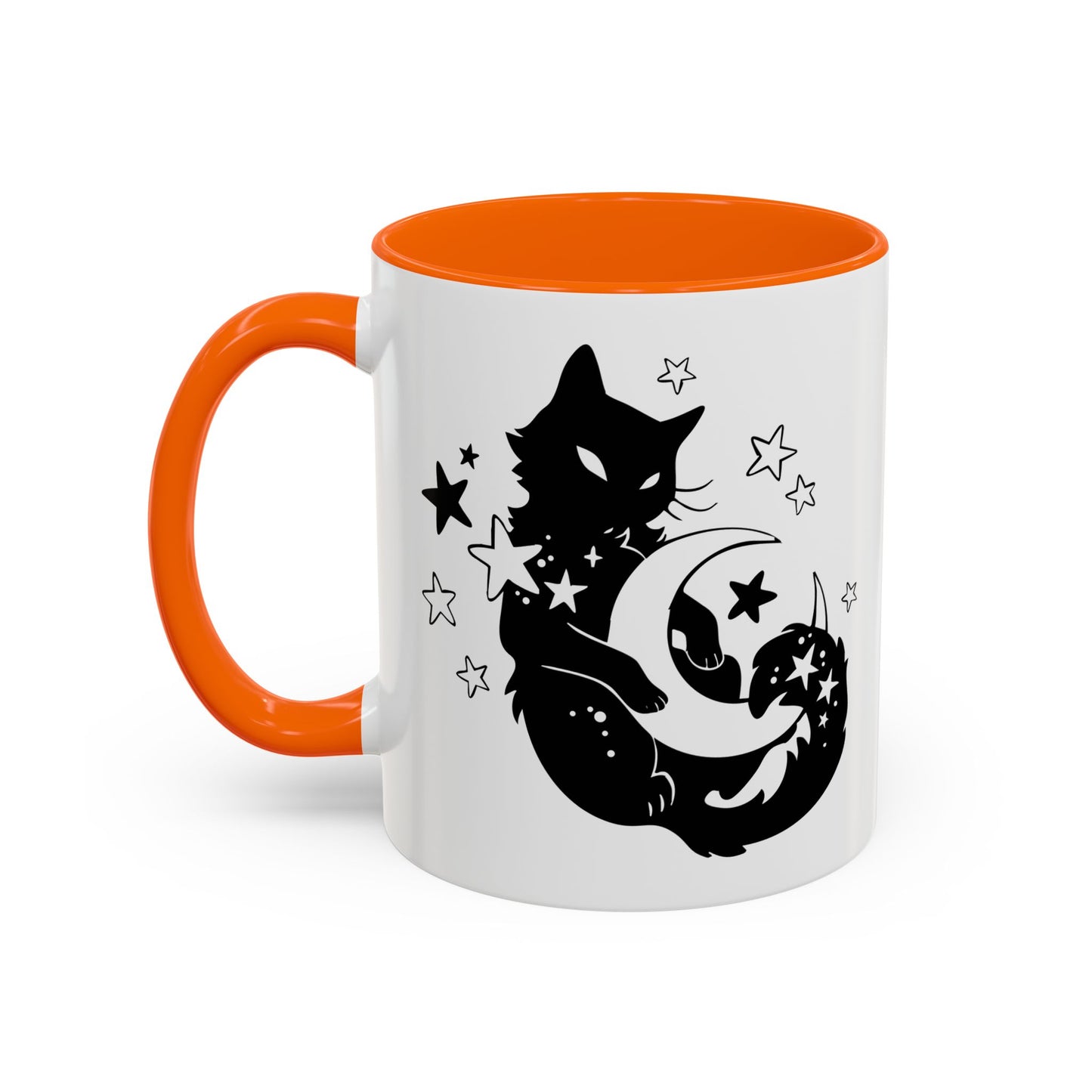 Mug with black cat and moon design on a white background