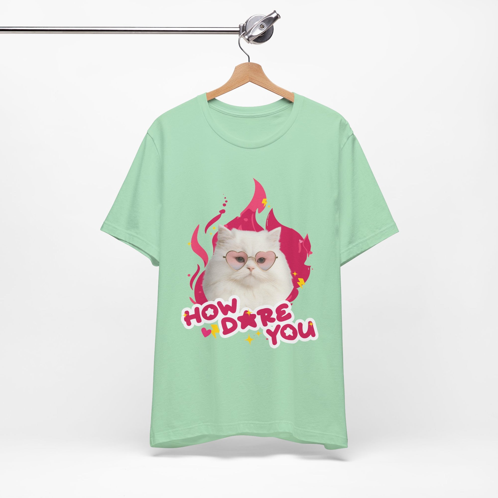 Mint green t-shirt with a cat graphic and text on a hanger against a white background