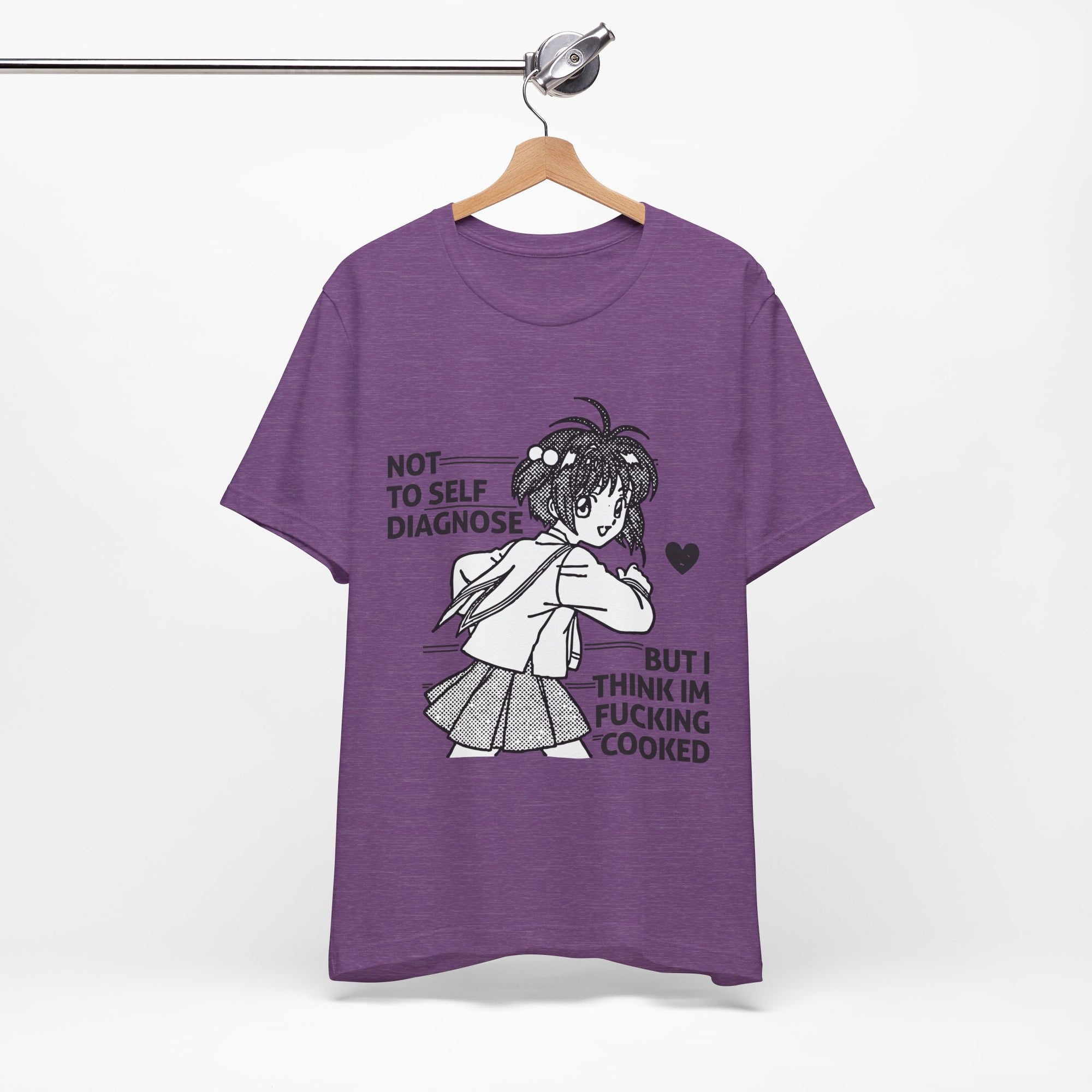 Purple t-shirt with a graphic and text on a hanger against a white background
