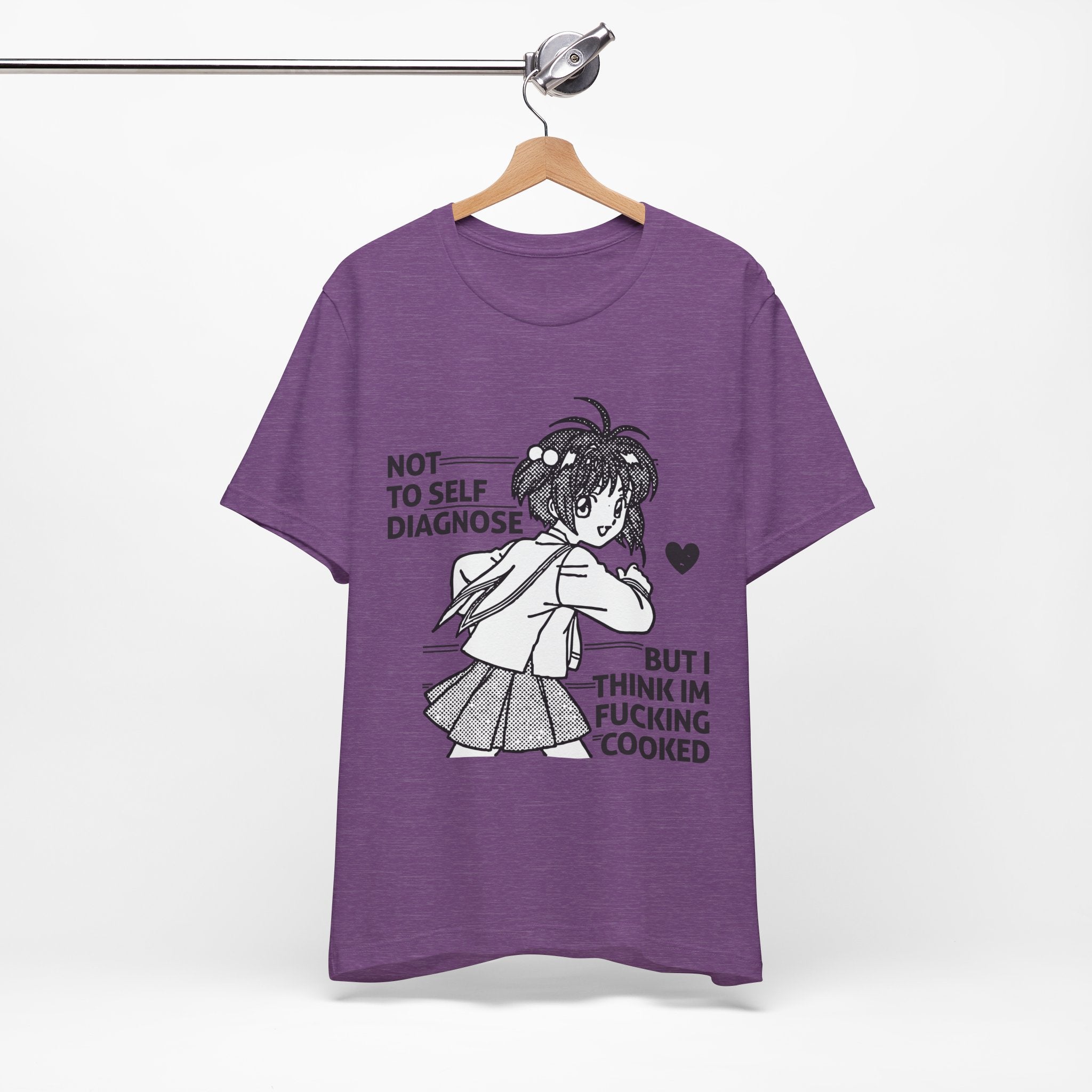 Purple t-shirt with a graphic and text on a hanger against a white background