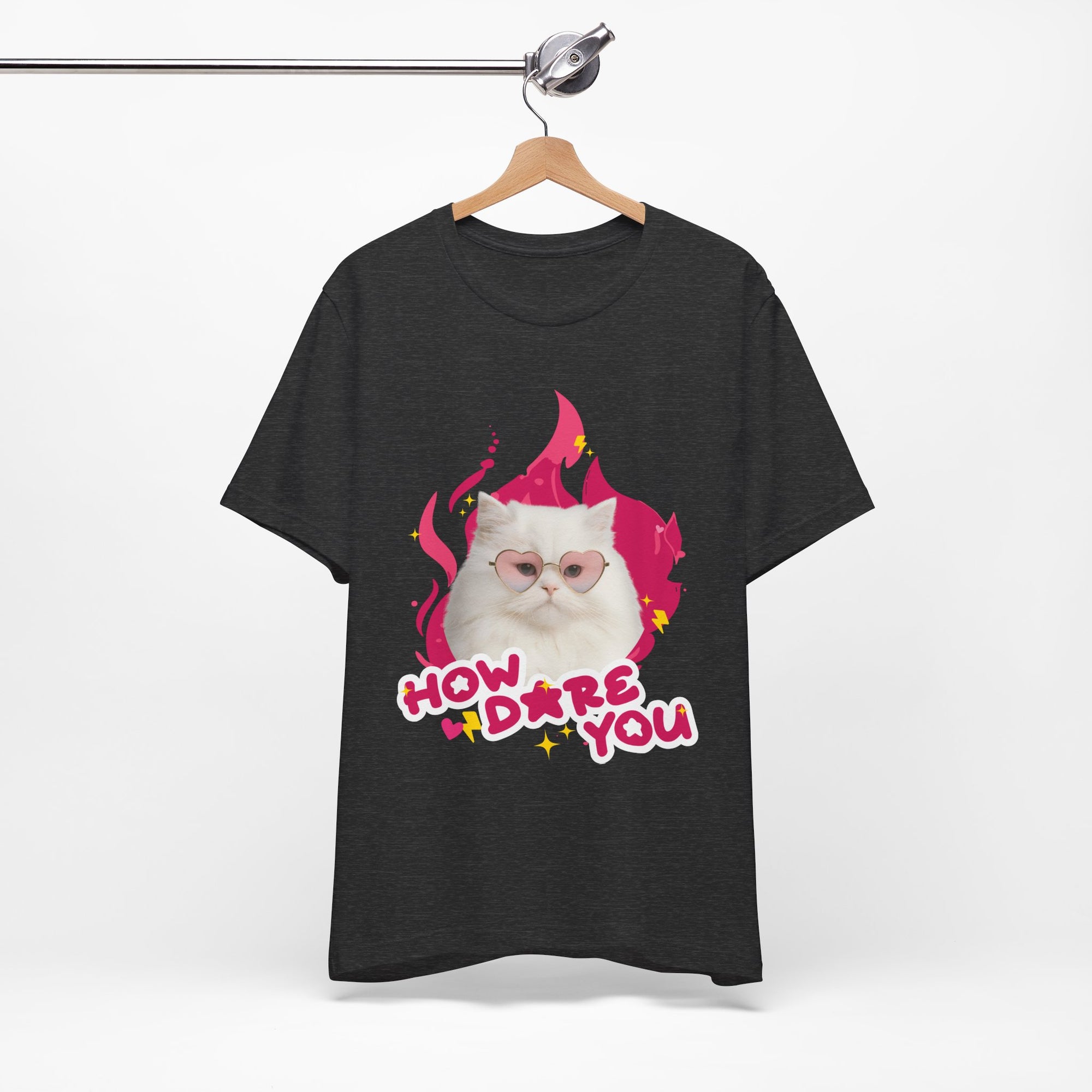 Black t-shirt with a white cat graphic and text 'How dare you' on a hanger against a white background
