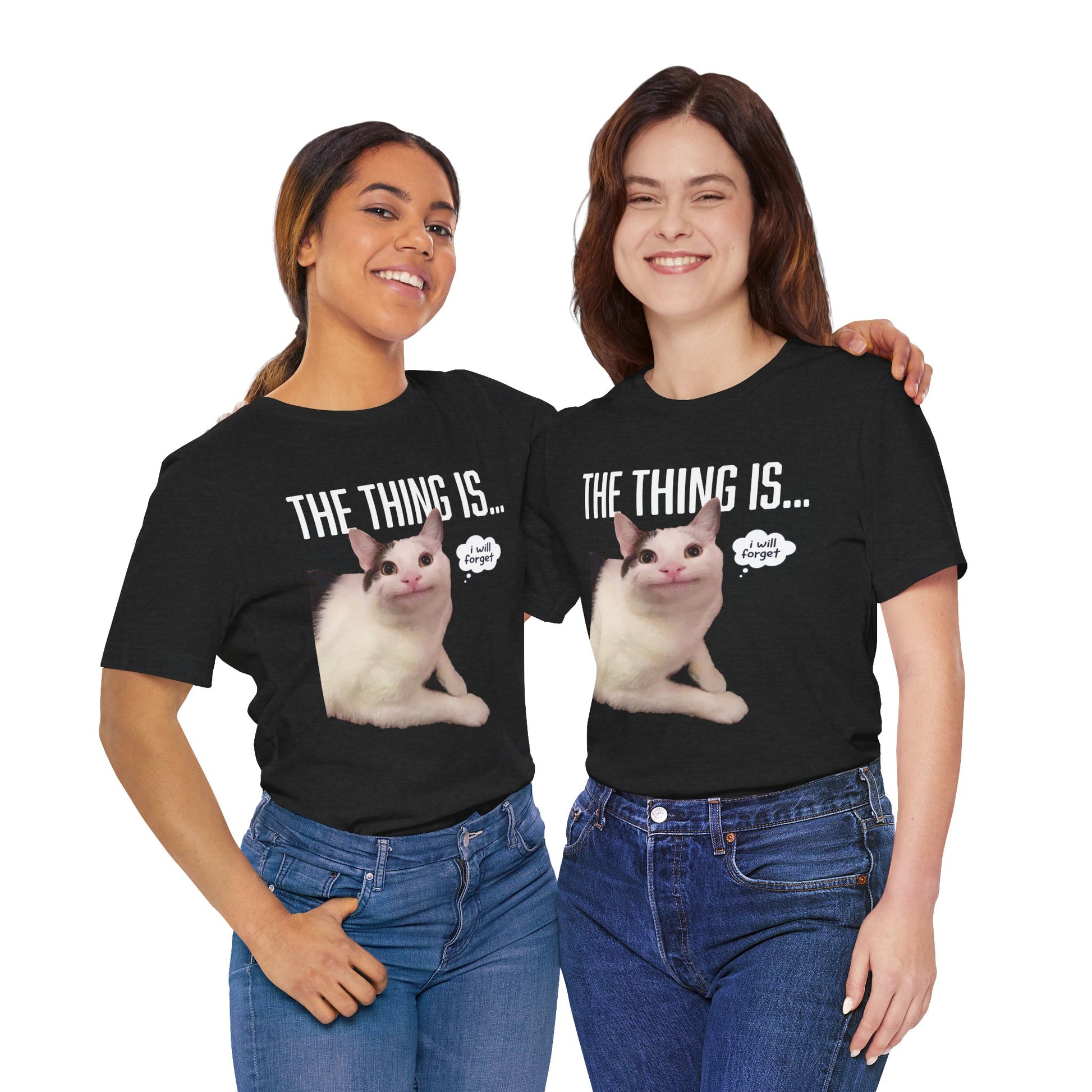 Two people wearing black t-shirts with a cat graphic and text on a white background