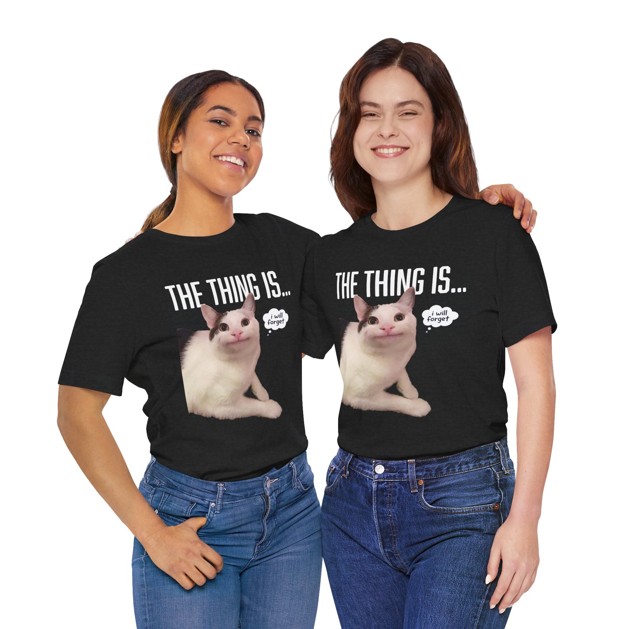 Two people wearing black t-shirts with a cat graphic and text on a white background
